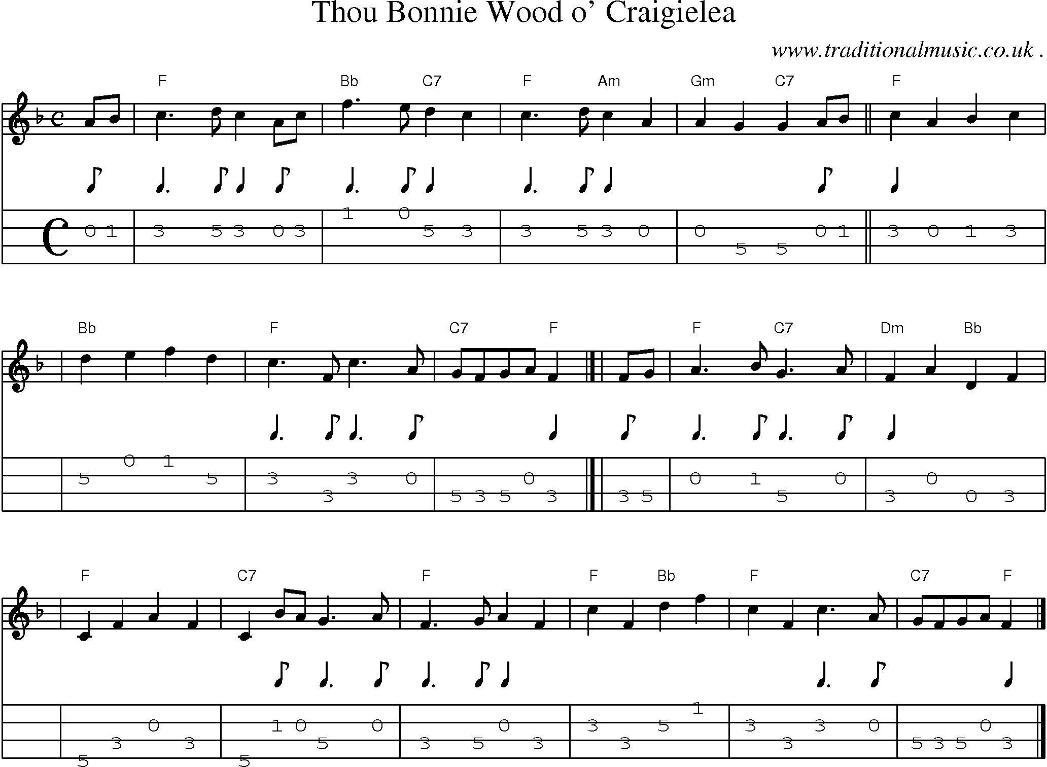 Sheet-music  score, Chords and Mandolin Tabs for Thou Bonnie Wood O Craigielea