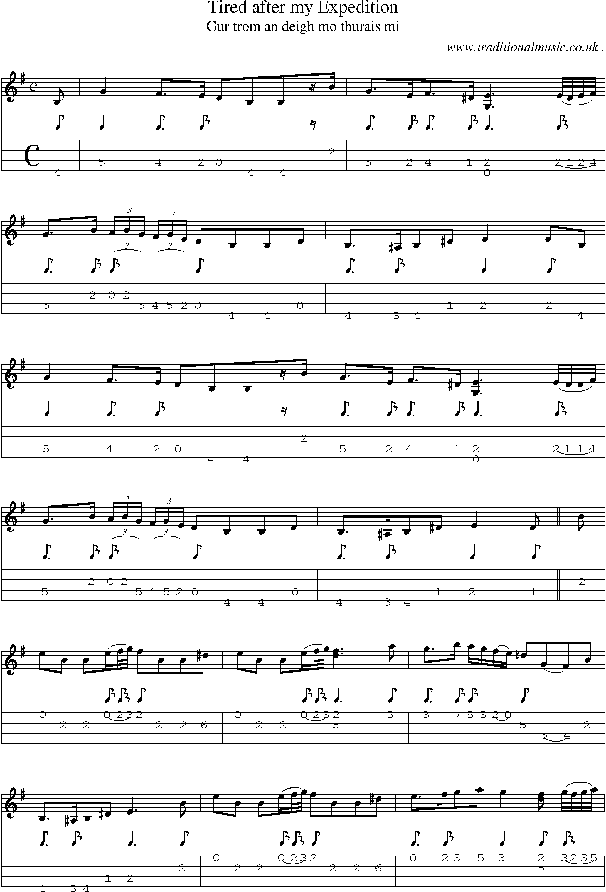 Sheet-music  score, Chords and Mandolin Tabs for Tired After My Expedition