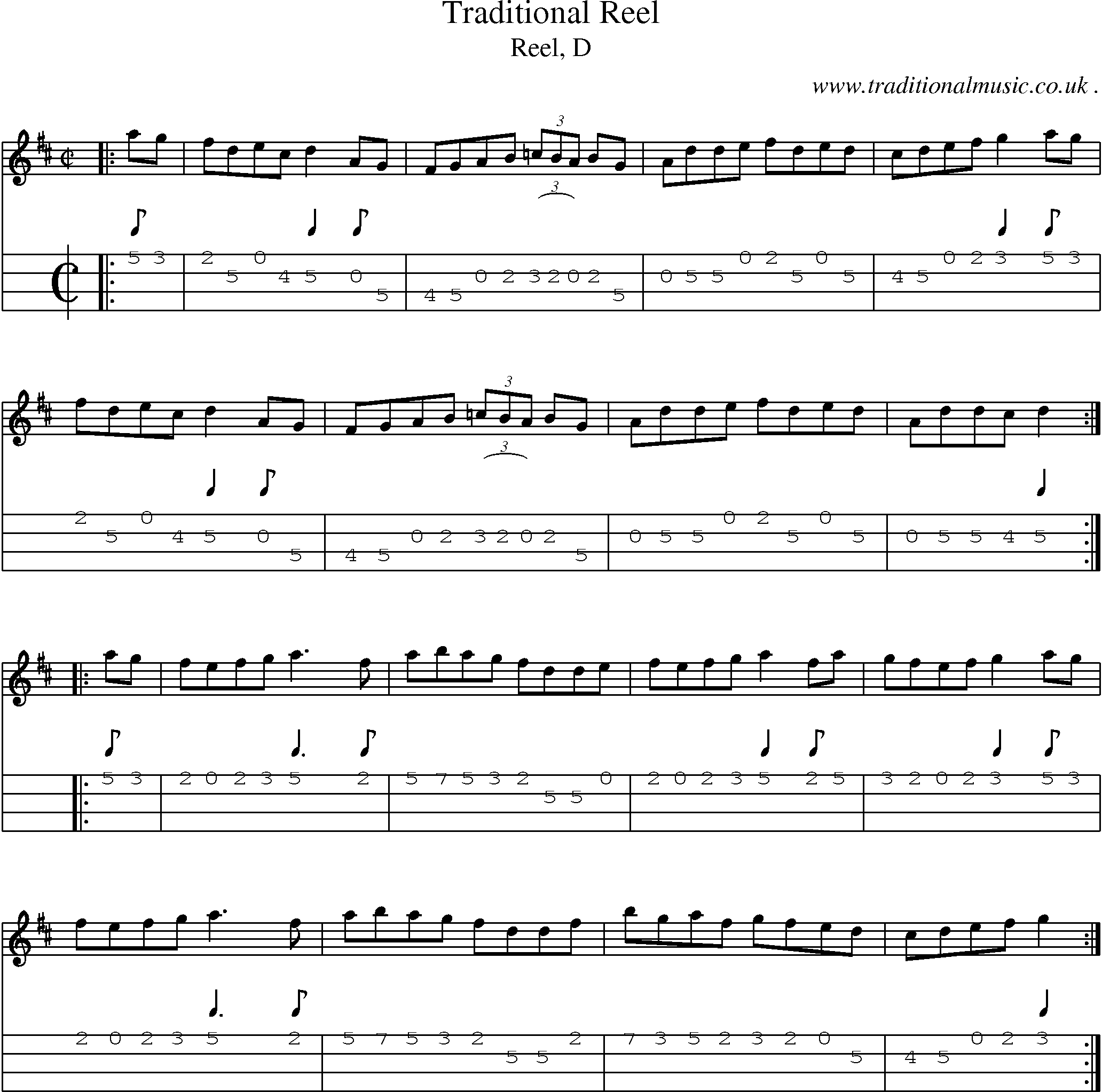 Sheet-music  score, Chords and Mandolin Tabs for Traditional Reel