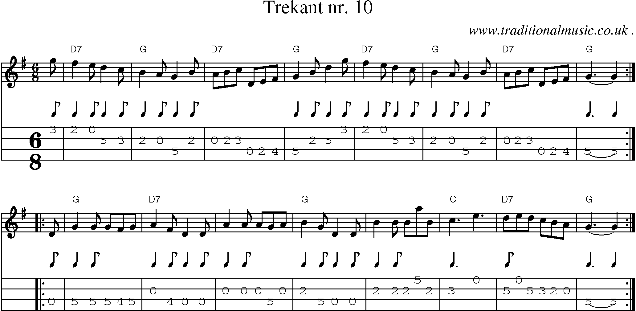 Sheet-music  score, Chords and Mandolin Tabs for Trekant Nr 10