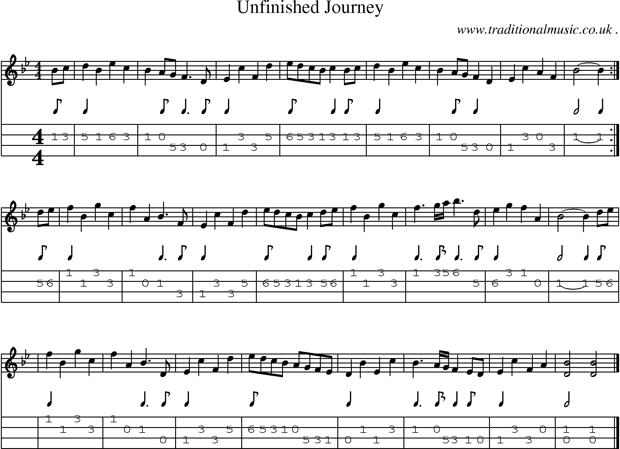 Sheet-music  score, Chords and Mandolin Tabs for Unfinished Journey