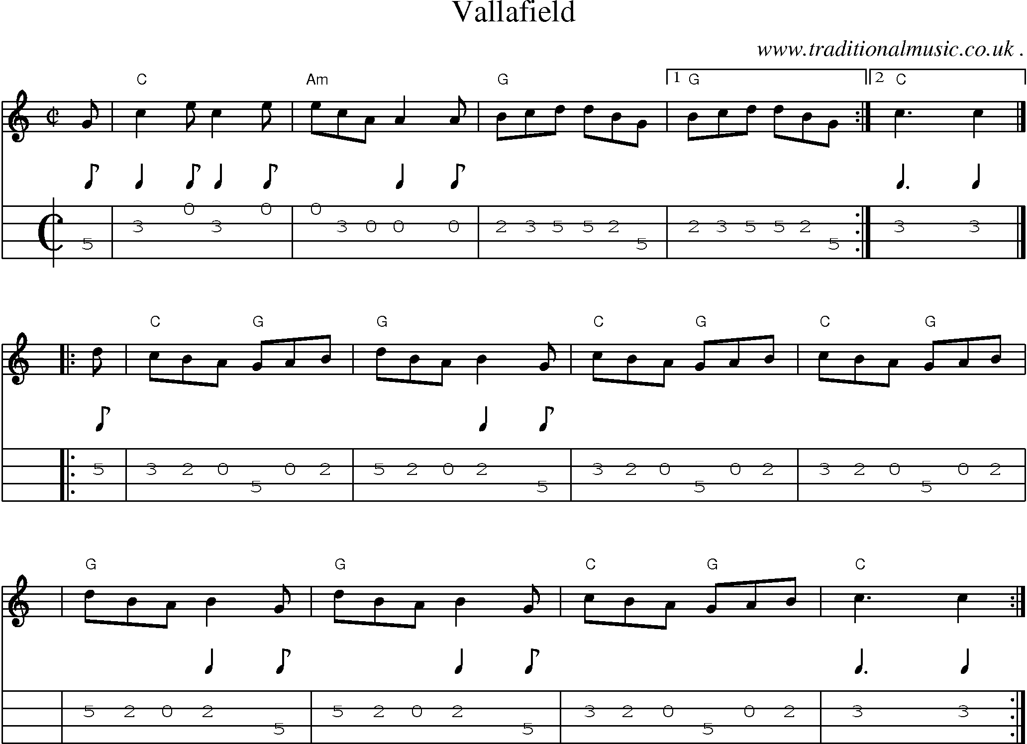 Sheet-music  score, Chords and Mandolin Tabs for Vallafield
