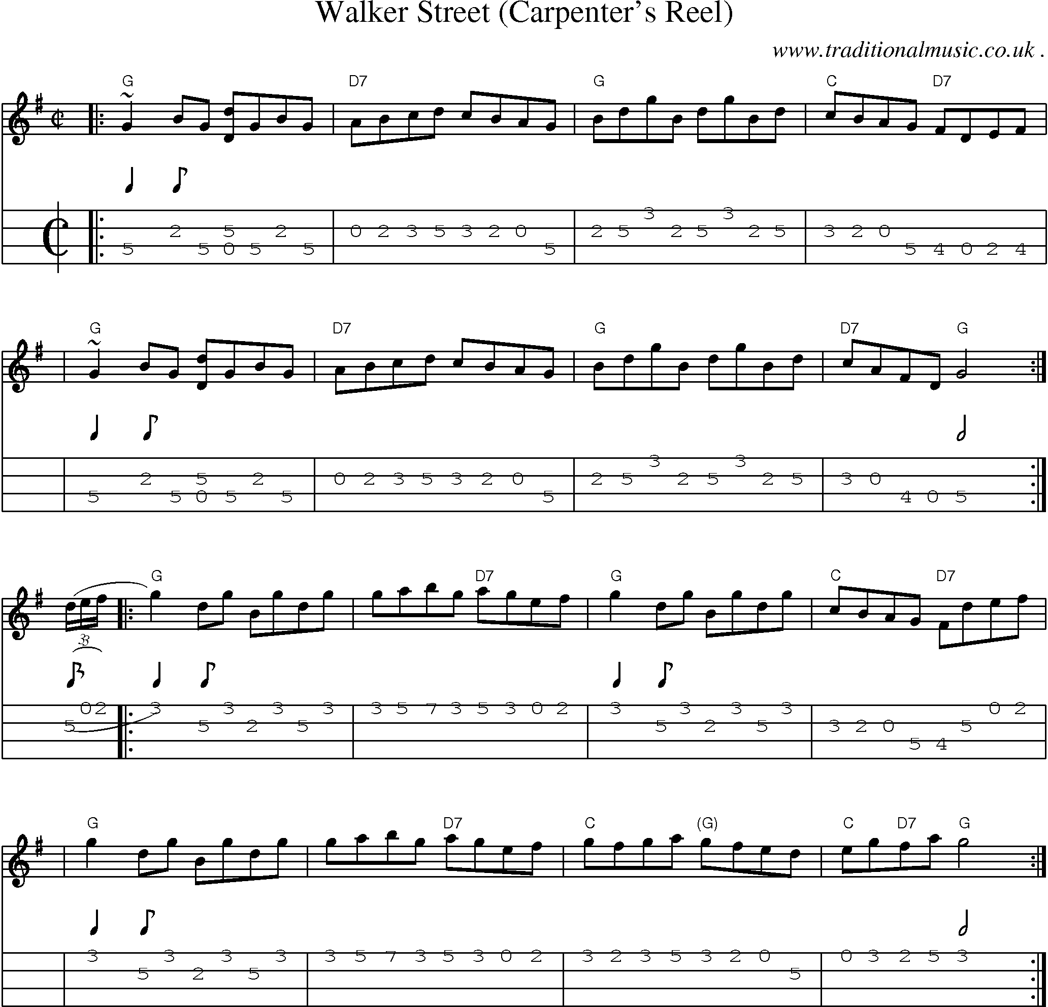 Sheet-music  score, Chords and Mandolin Tabs for Walker Street Carpenters Reel