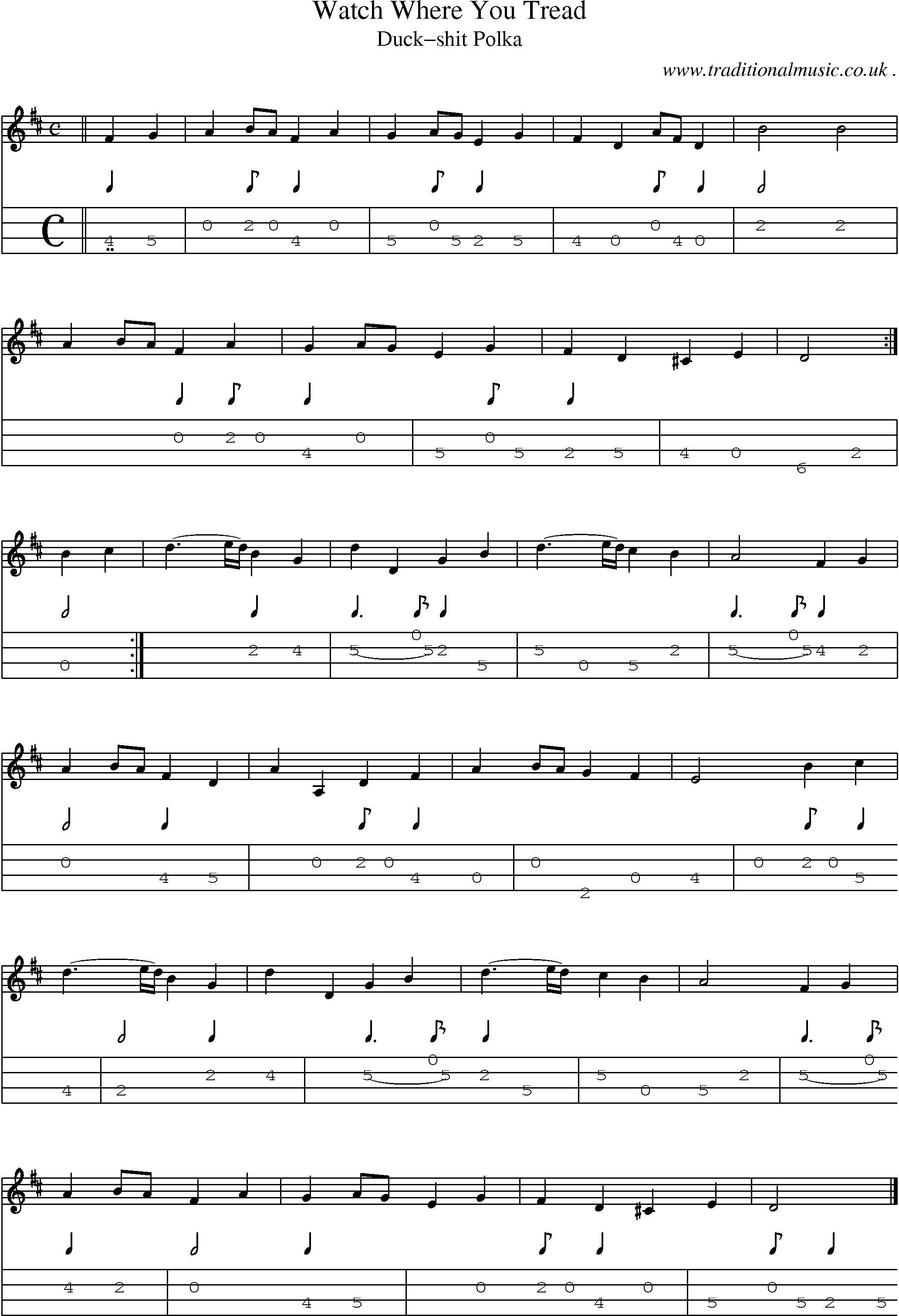 Sheet-music  score, Chords and Mandolin Tabs for Watch Where You Tread