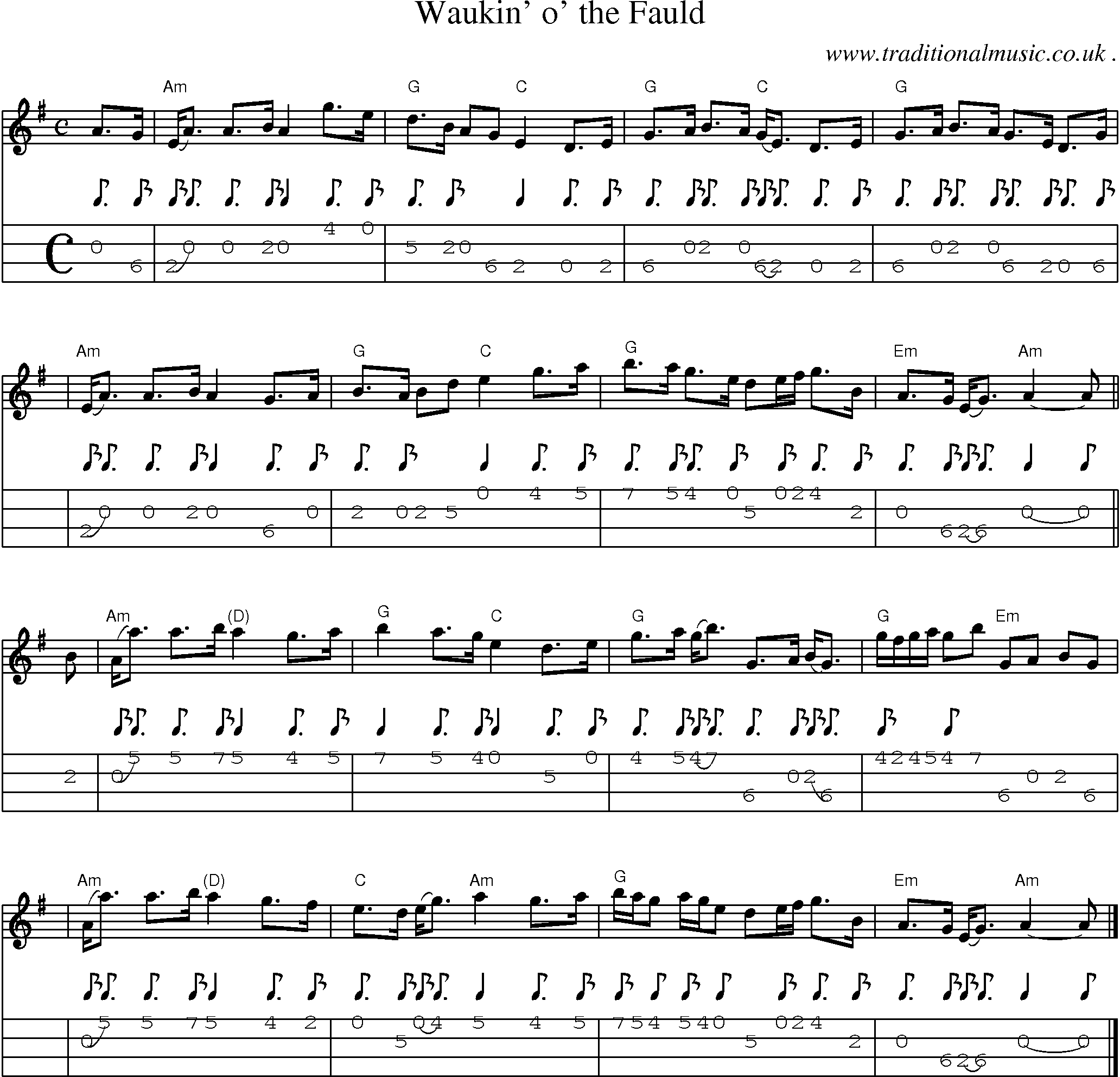 Sheet-music  score, Chords and Mandolin Tabs for Waukin O The Fauld