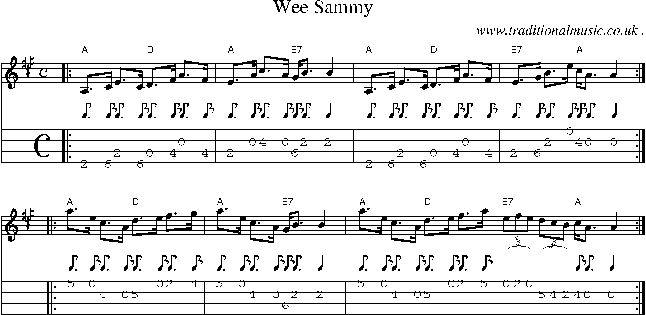 Sheet-music  score, Chords and Mandolin Tabs for Wee Sammy