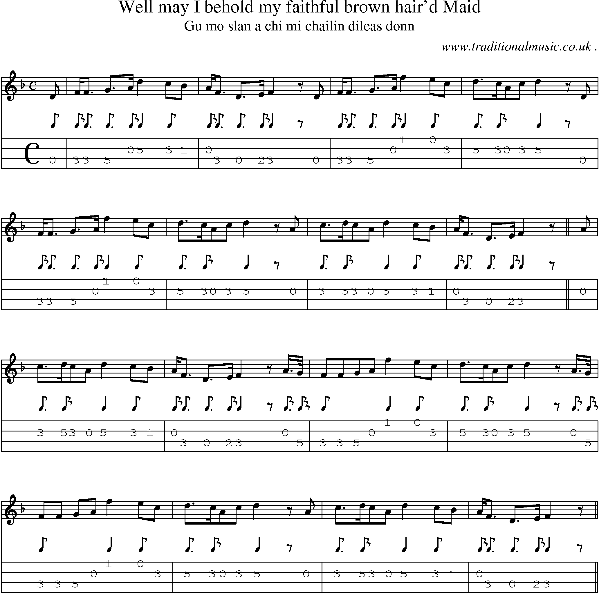 Sheet-music  score, Chords and Mandolin Tabs for Well May I Behold My Faithful Brown Haird Maid