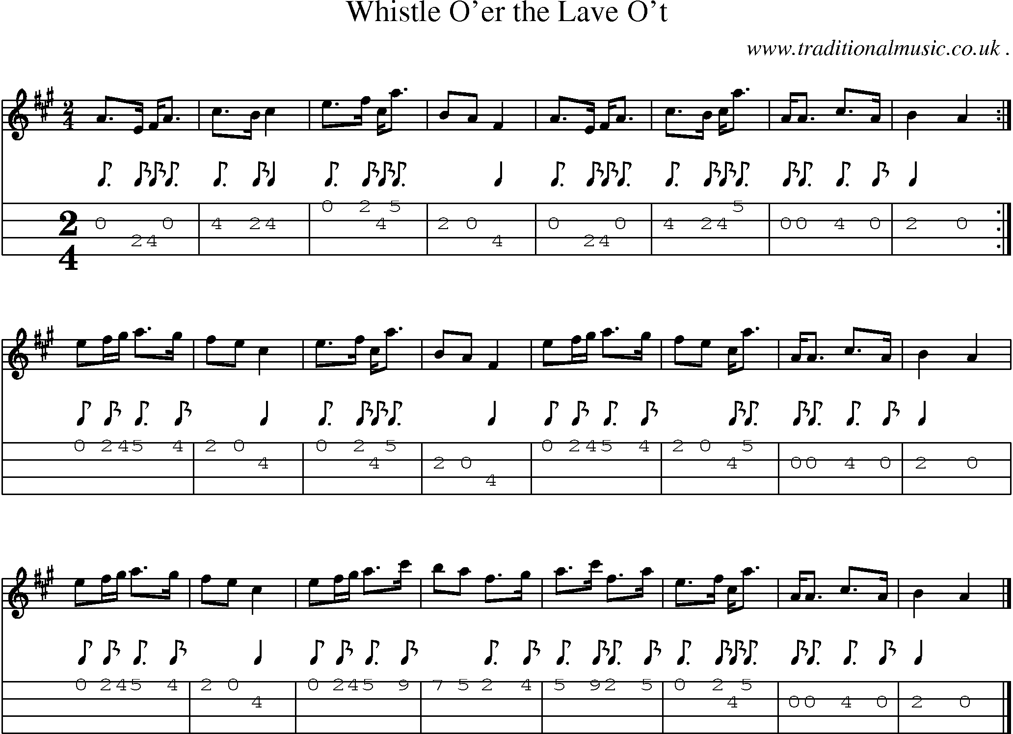 Sheet-music  score, Chords and Mandolin Tabs for Whistle Oer The Lave Ot