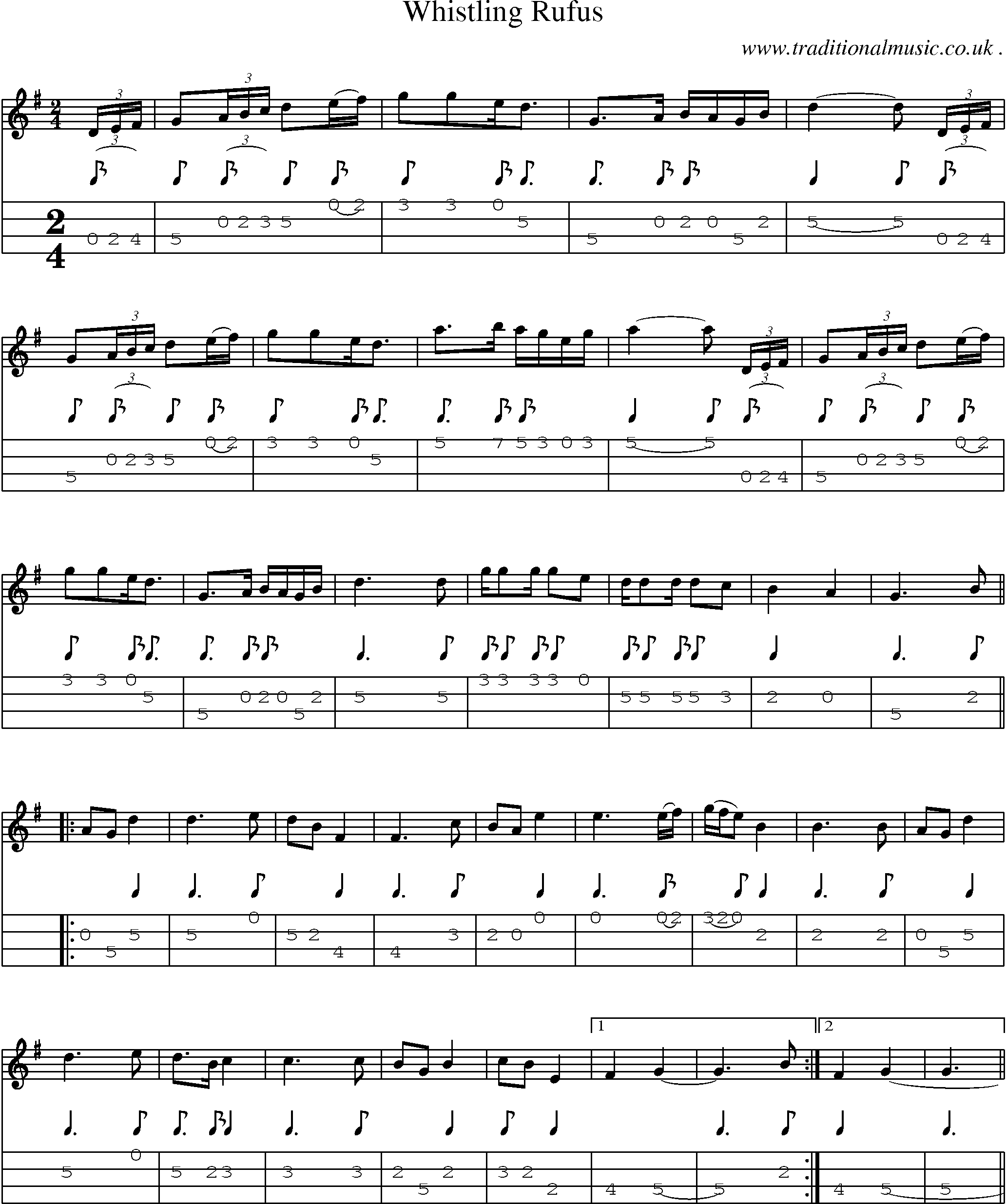 Sheet-music  score, Chords and Mandolin Tabs for Whistling Rufus