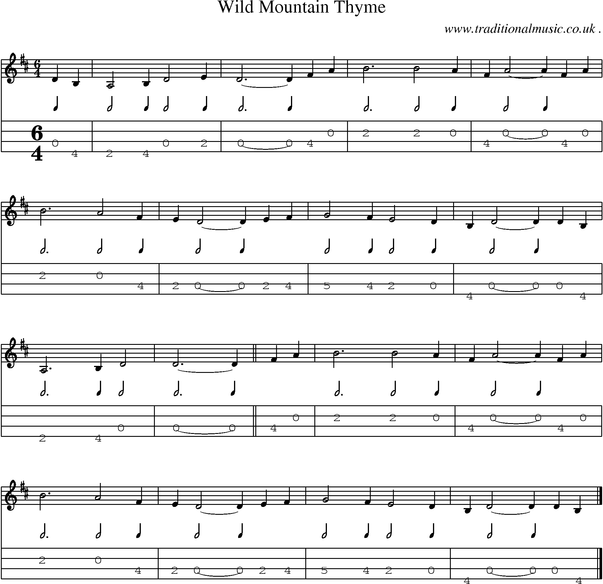 Sheet-music  score, Chords and Mandolin Tabs for Wild Mountain Thyme