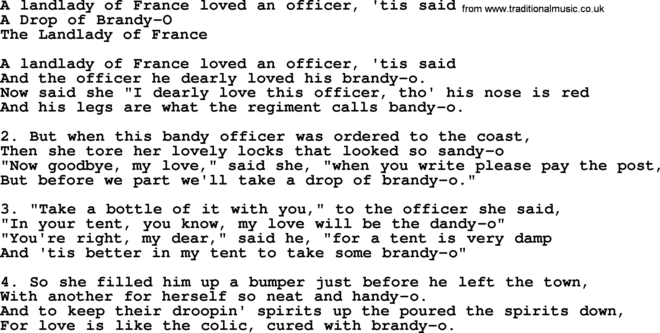 Sea Song or Shantie: A Landlady Of France Loved An Officer Tis Said, lyrics