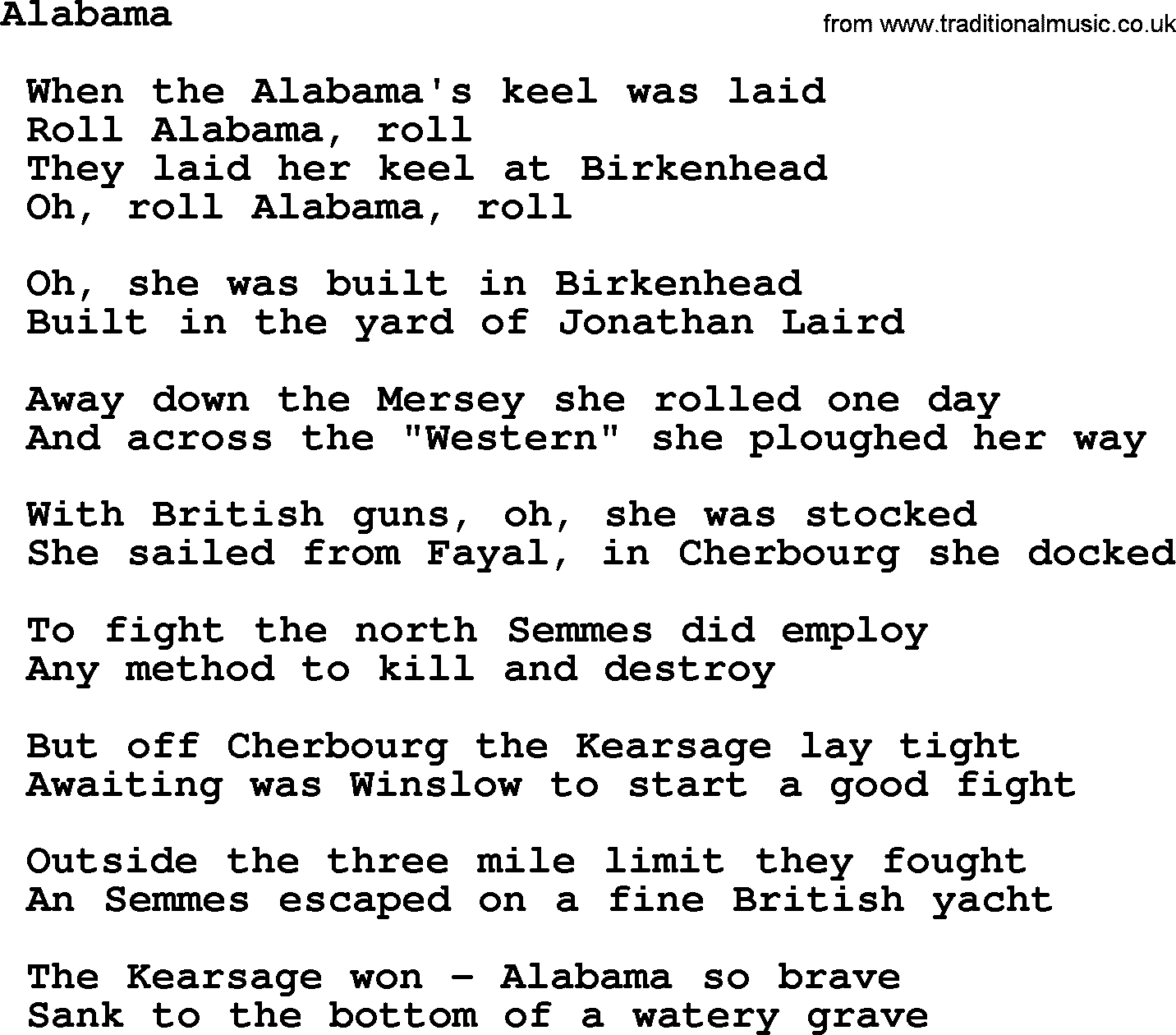 Sea Song or Shantie: Alabama, lyrics