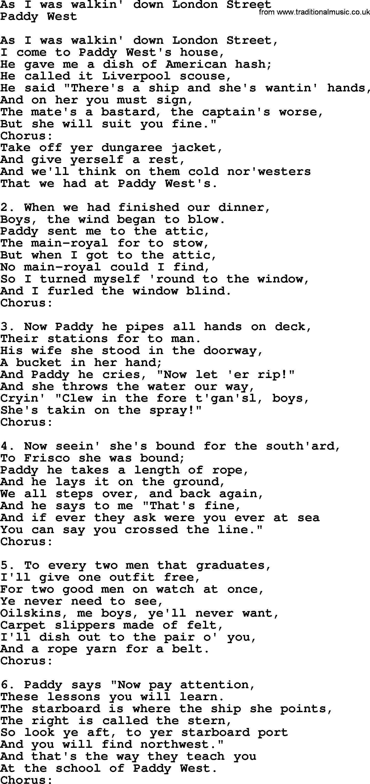 Sea Song or Shantie: As I Was Walkin Down London Street, lyrics