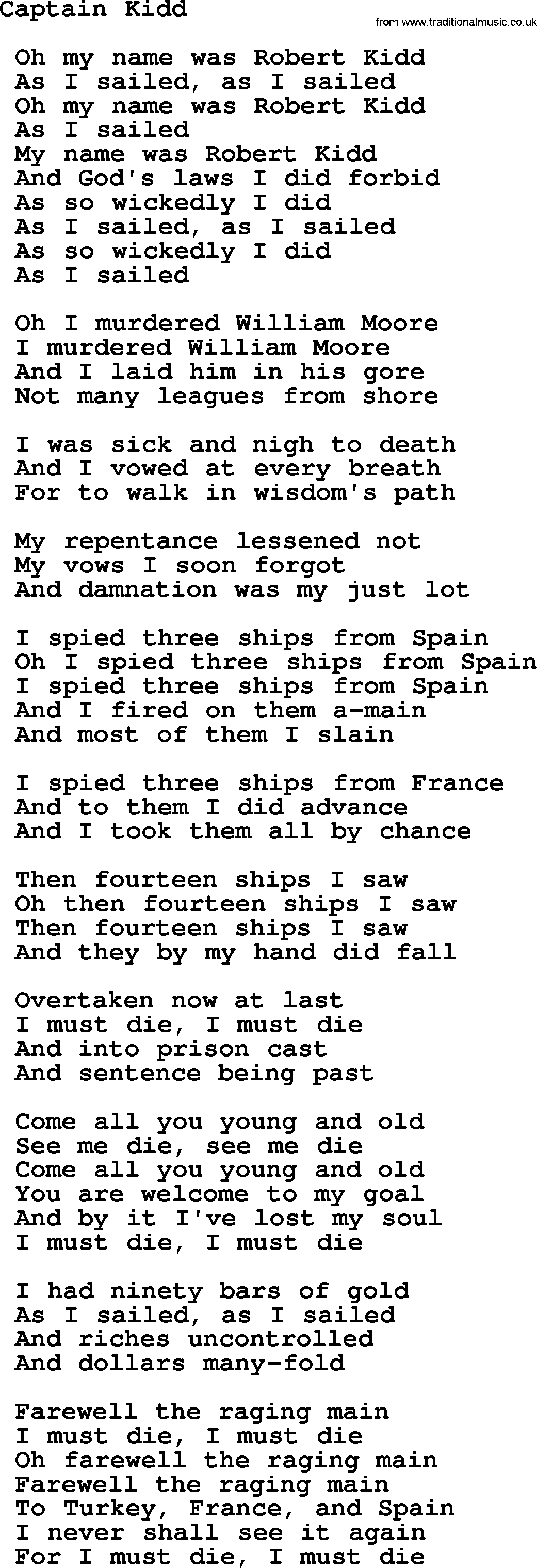 Sea Song or Shantie: Captain Kidd, lyrics