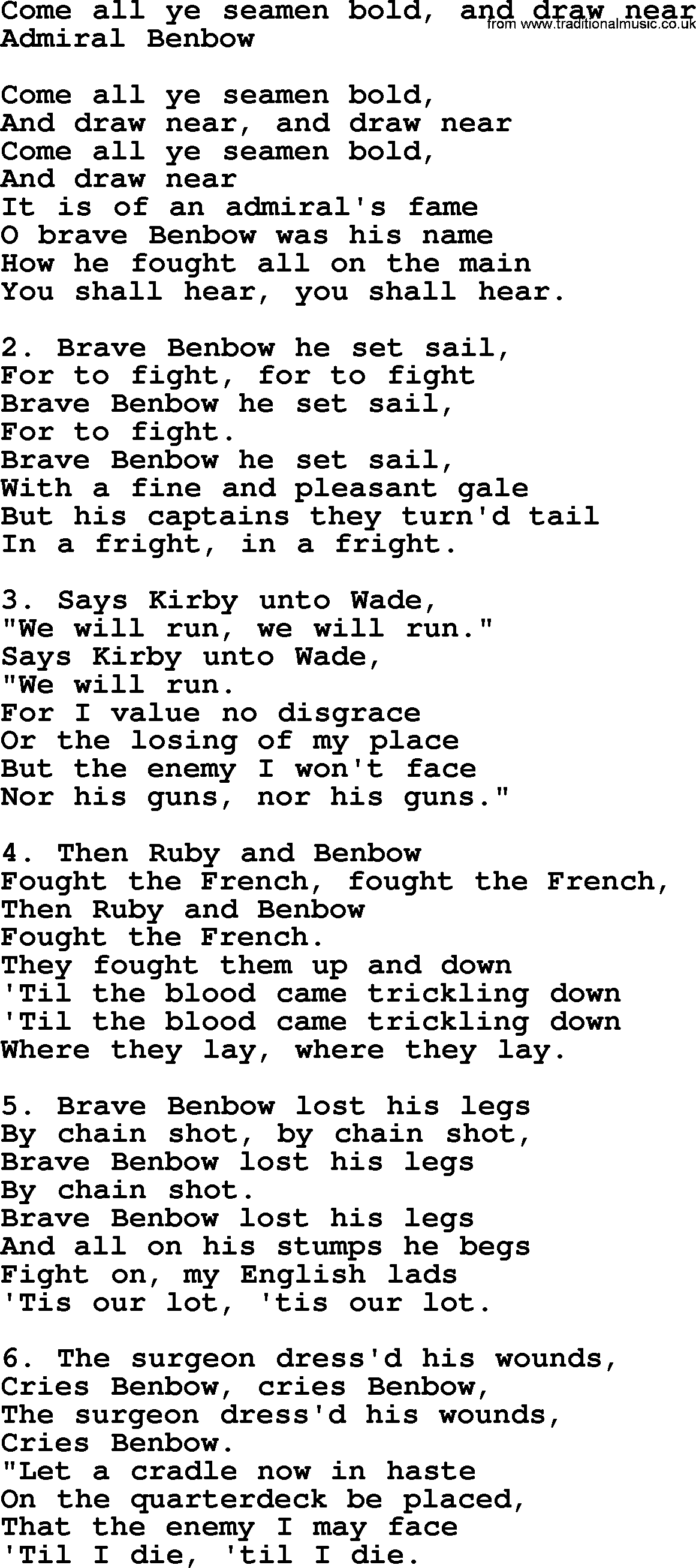 Sea Song or Shantie: Come All Ye Seamen Bold And Draw Near, lyrics