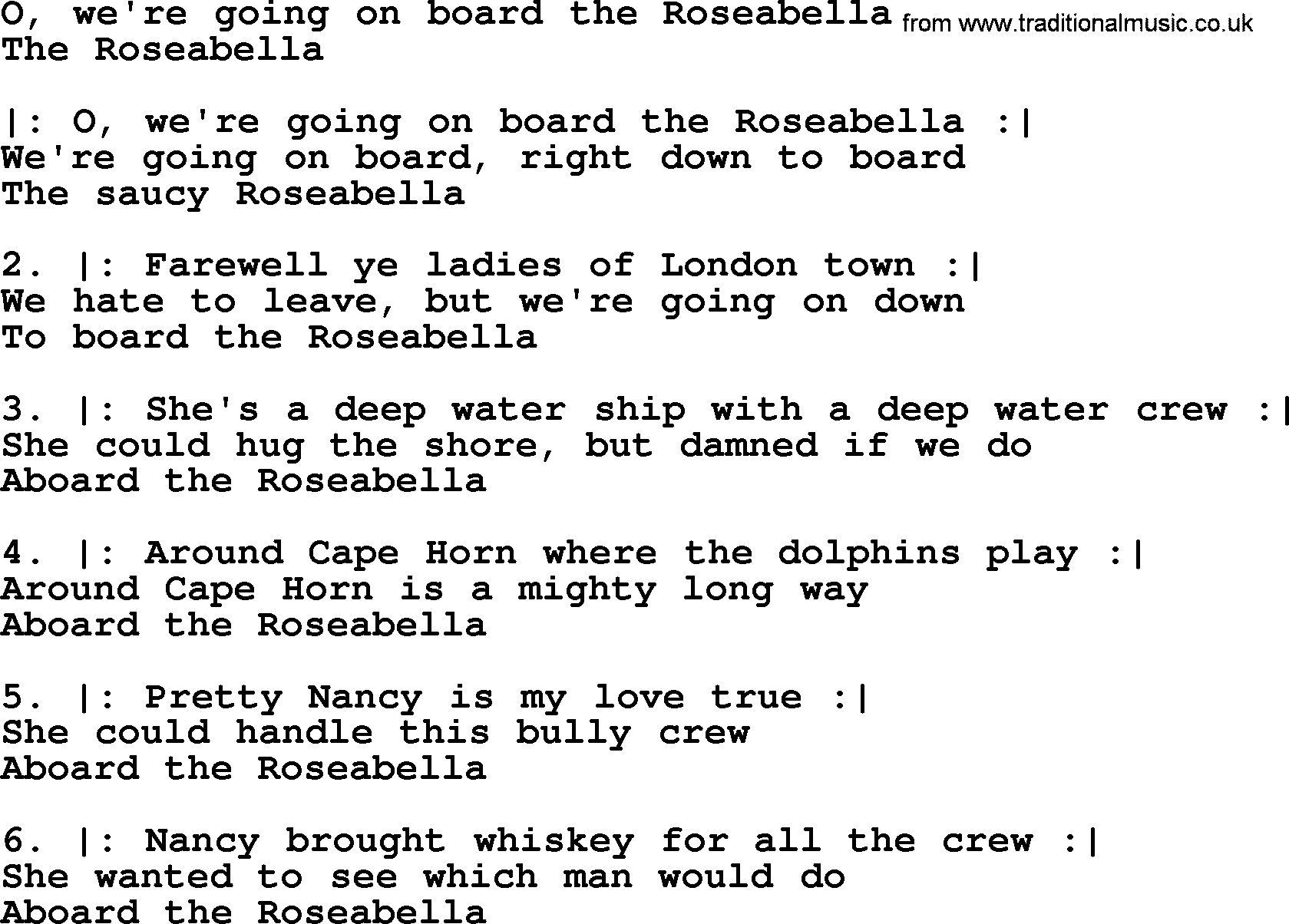 Sea Song or Shantie: O Were Going On Board The Roseabella, lyrics