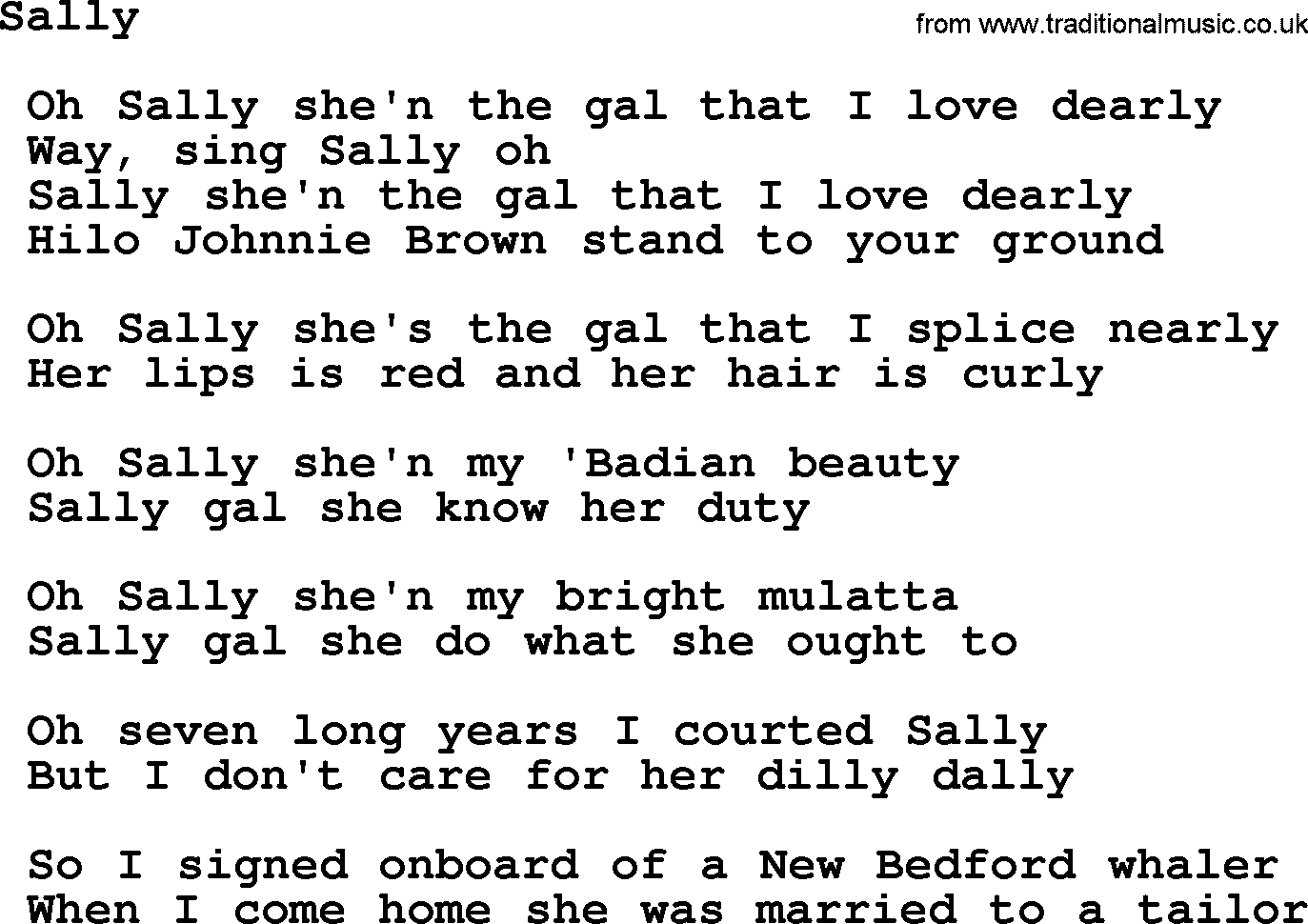 Sea Song or Shantie: Sally, lyrics