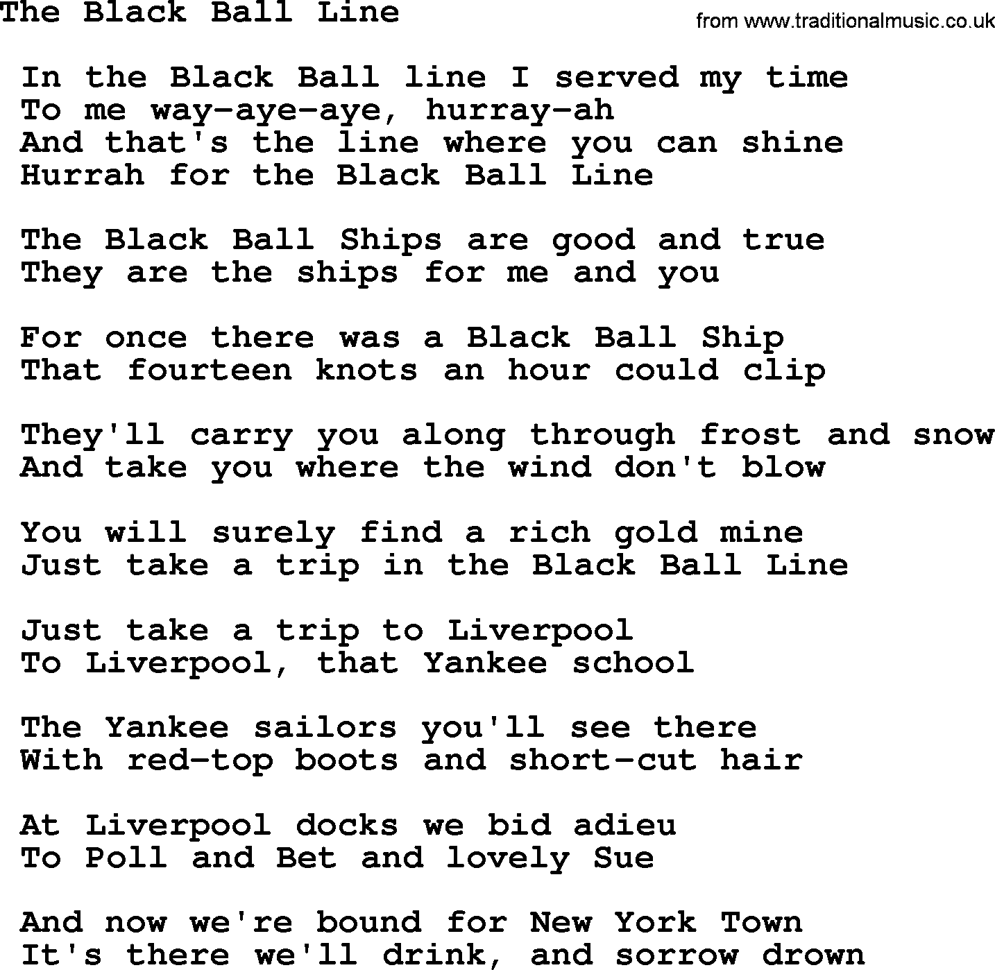 Sea Song or Shantie: The Black Ball Line, lyrics