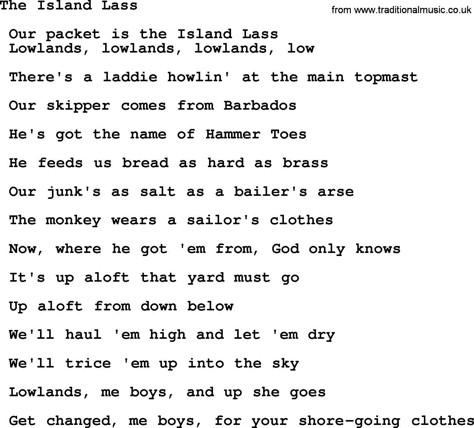 Sea Song or Shantie: The Island Lass, lyrics