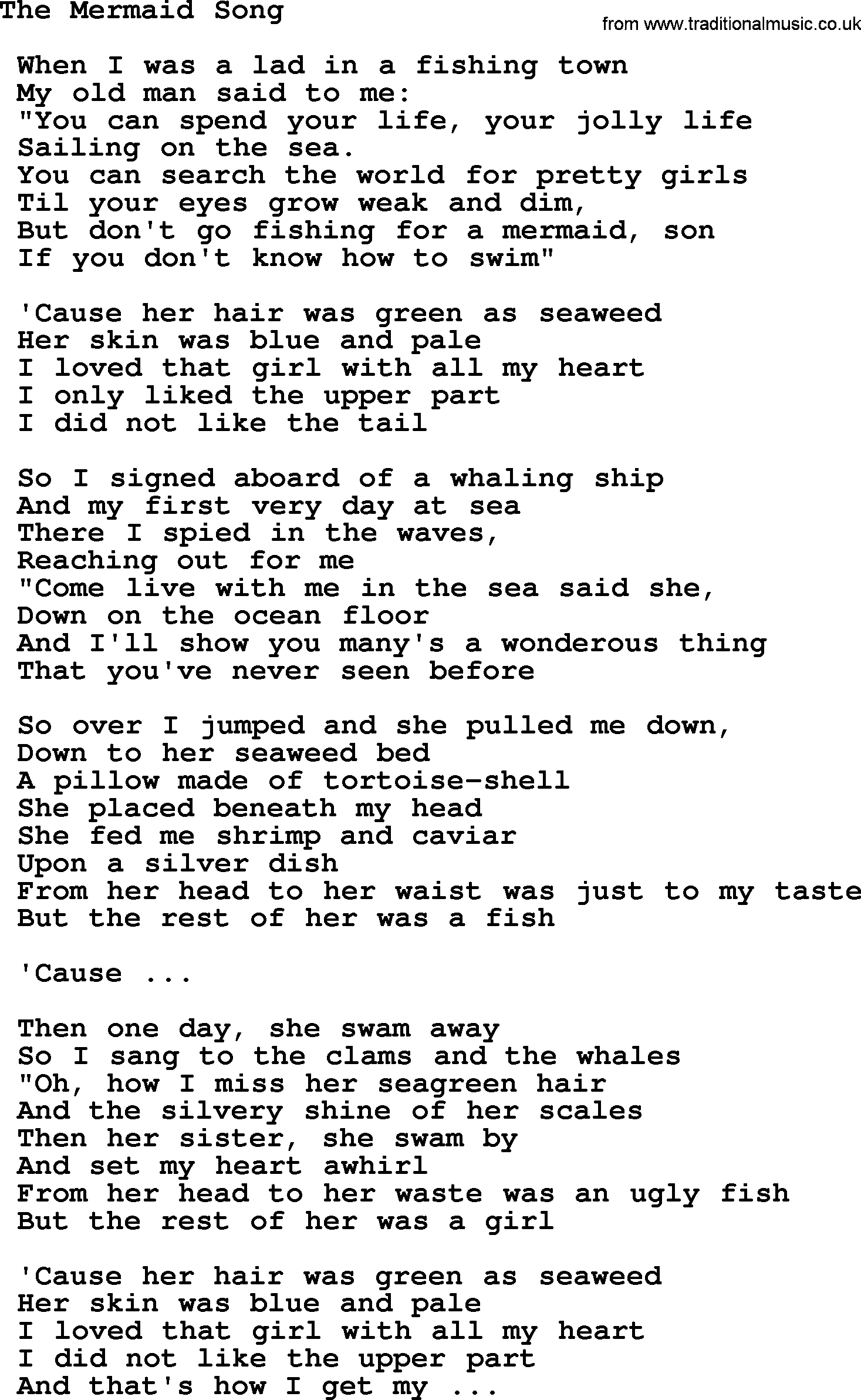Sea Song or Shantie: The Mermaid Song, lyrics