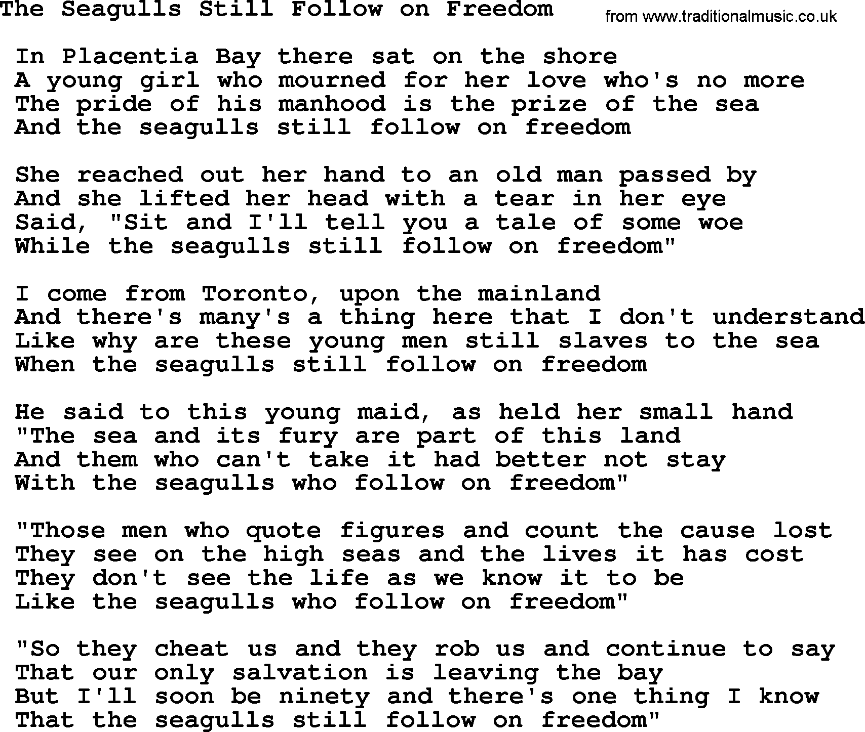 Sea Song or Shantie: The Seagulls Still Follow On Freedom, lyrics