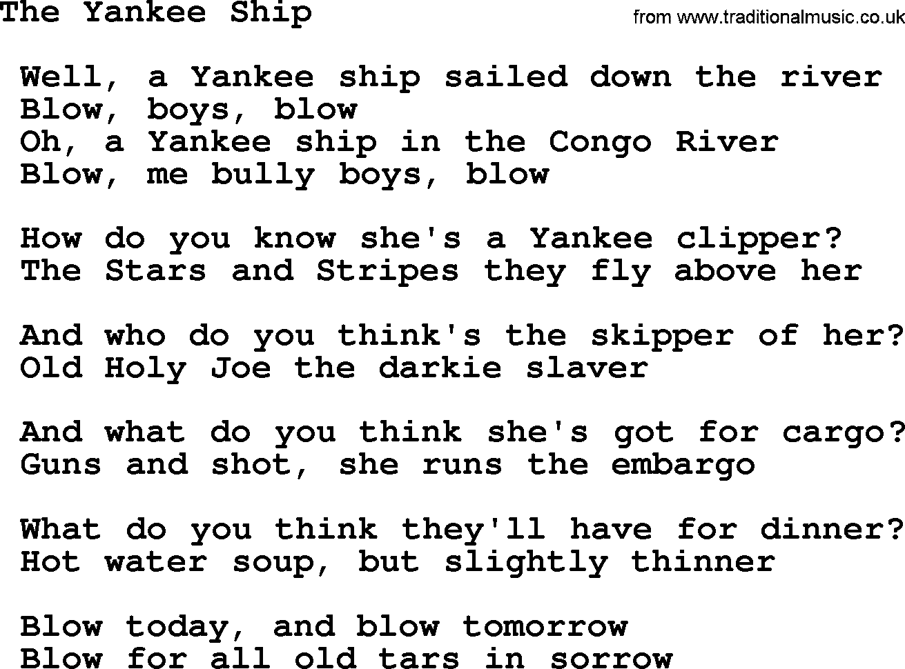 Sea Song or Shantie: The Yankee Ship, lyrics