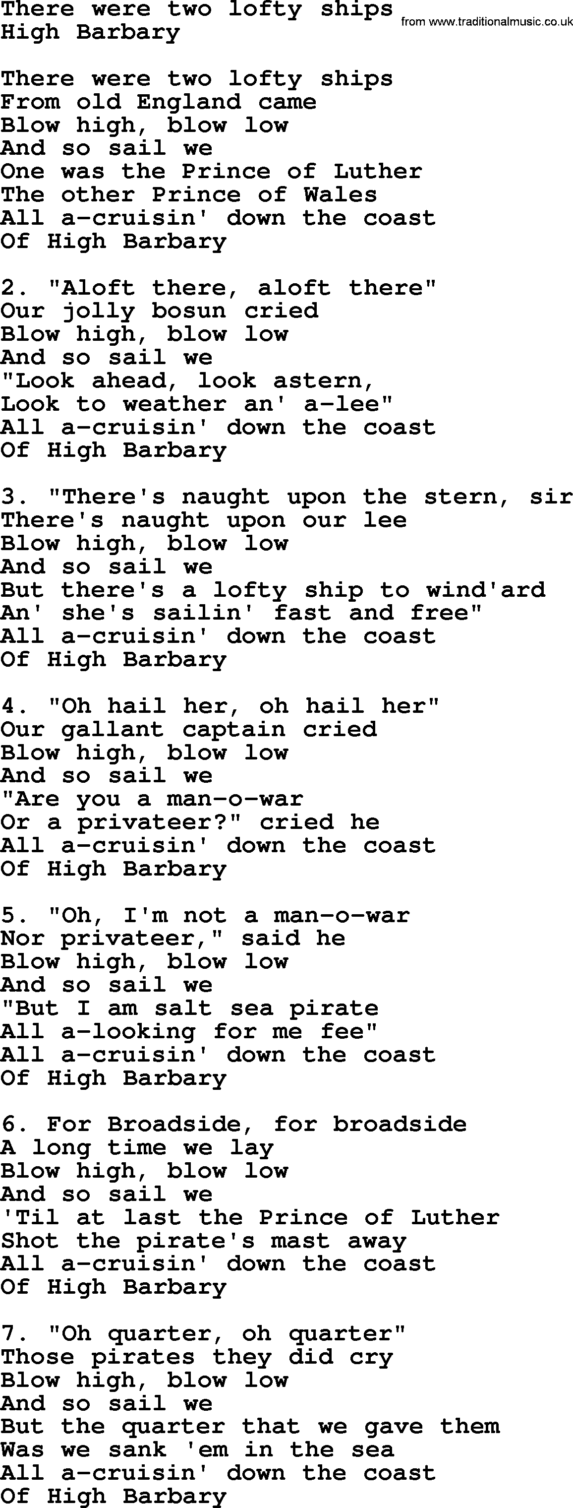 Sea Song or Shantie: There Were Two Lofty Ships, lyrics