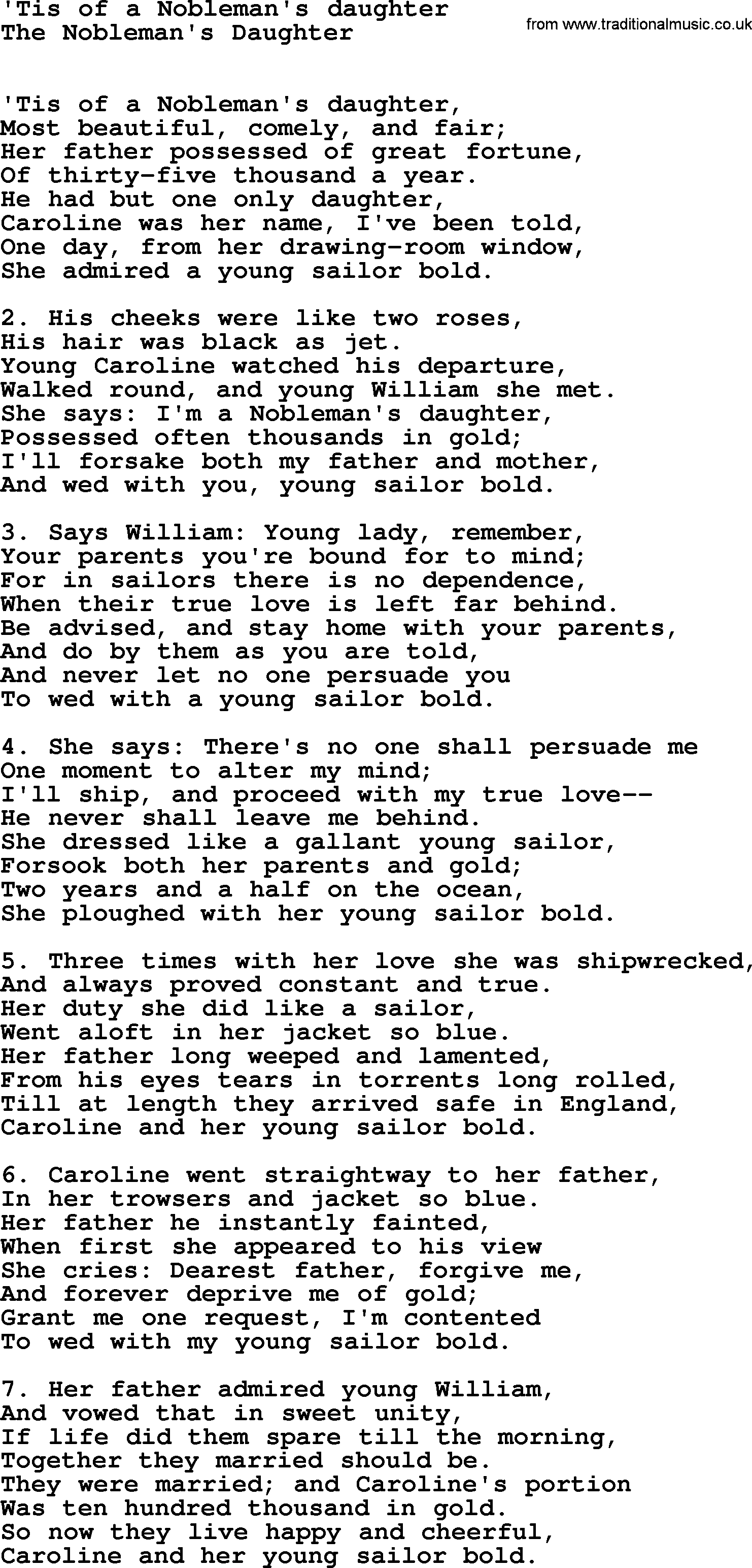 Sea Song or Shantie: Tis Of A Noblemans Daughter, lyrics