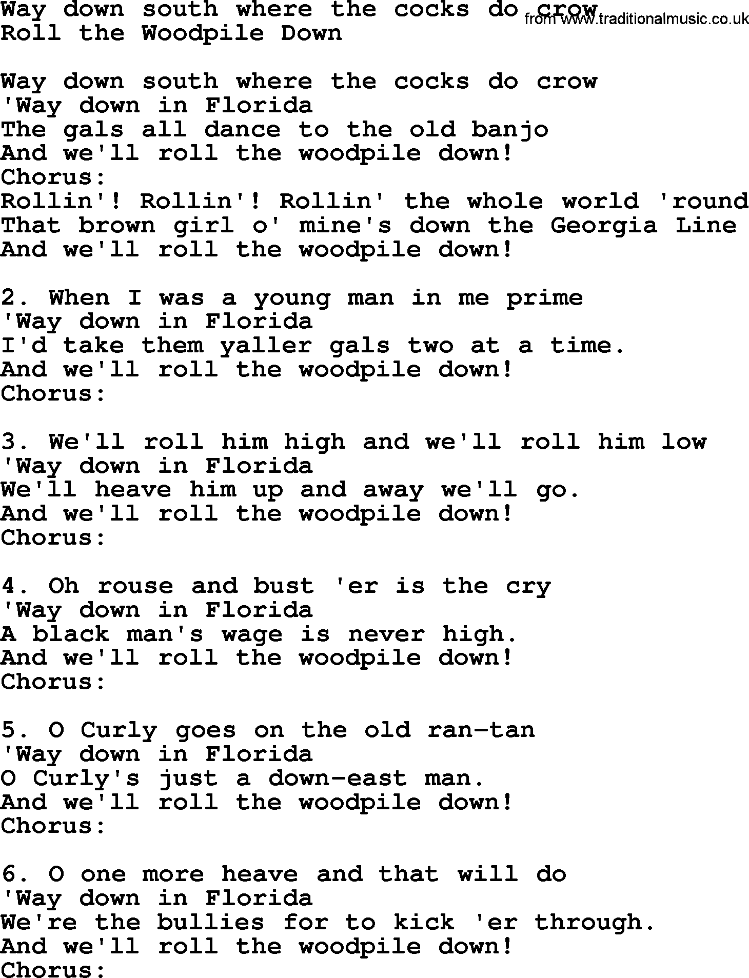 Sea Song or Shantie: Way Down South Where The Cocks Do Crow, lyrics