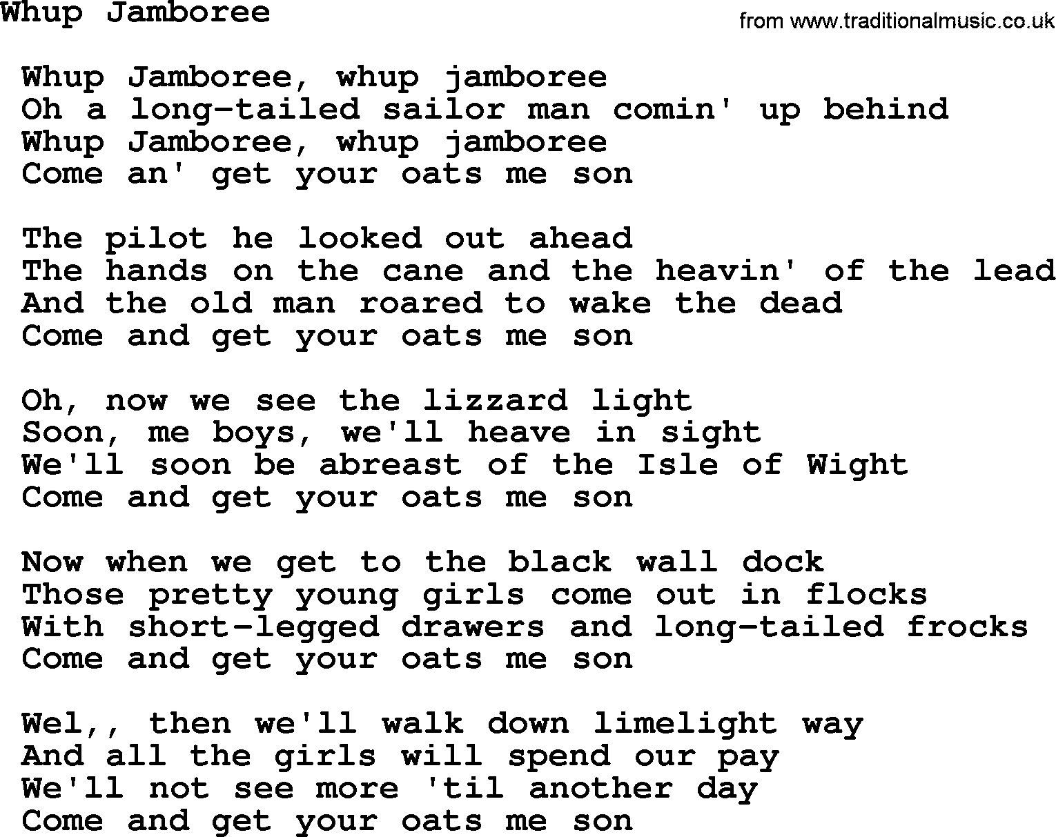 Sea Song or Shantie: Whup Jamboree, lyrics