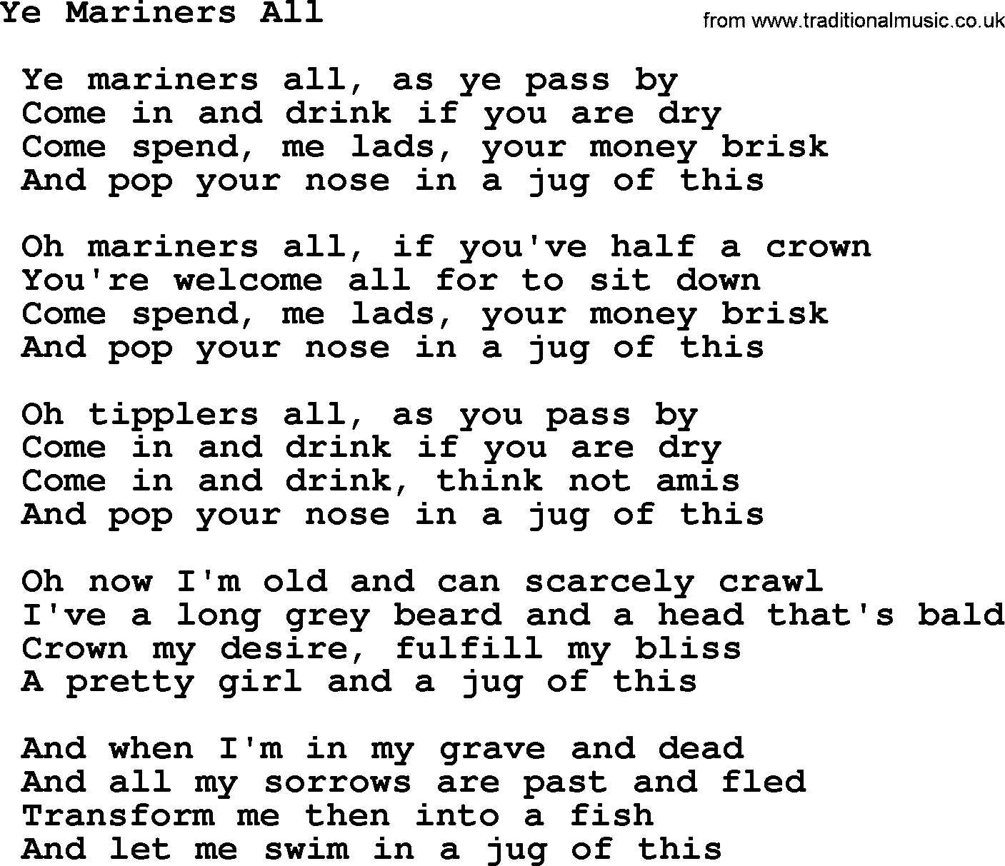 Sea Song or Shantie: Ye Mariners All, lyrics