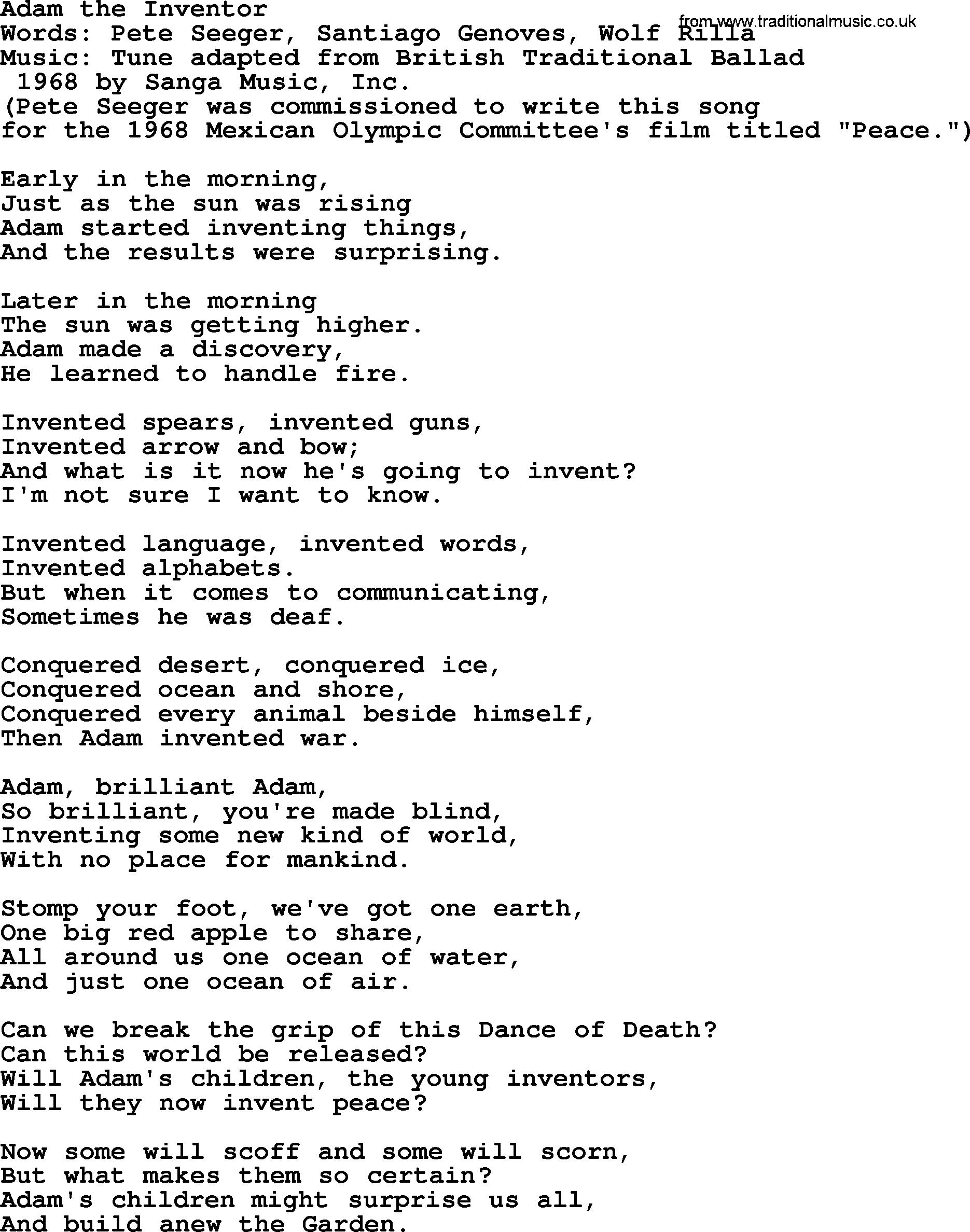 Pete Seeger song Adam the Inventor-Pete-Seeger.txt lyrics