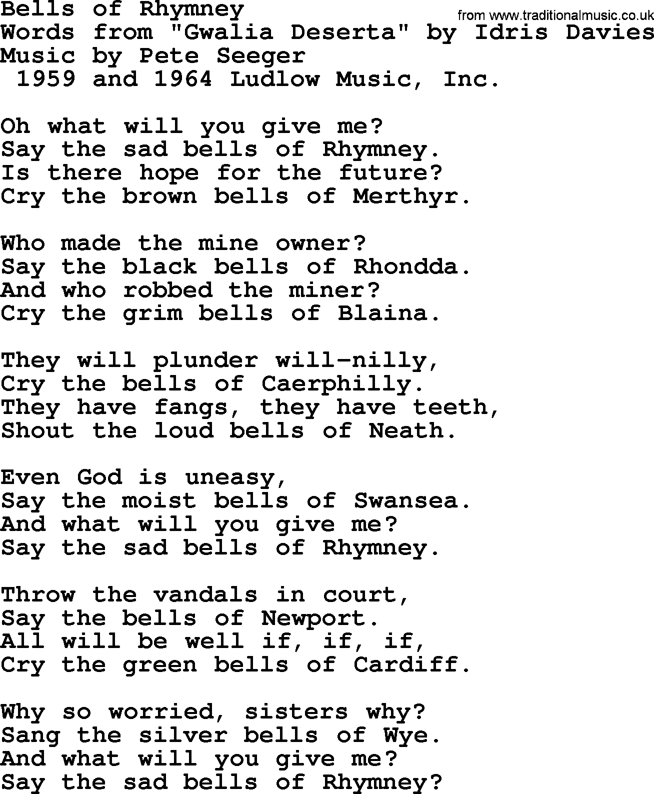 Pete Seeger song Bells of Rhymney-Pete-Seeger.txt lyrics