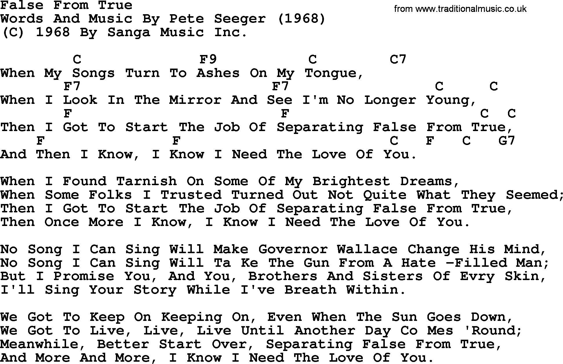 Pete Seeger song False From True, lyrics and chords
