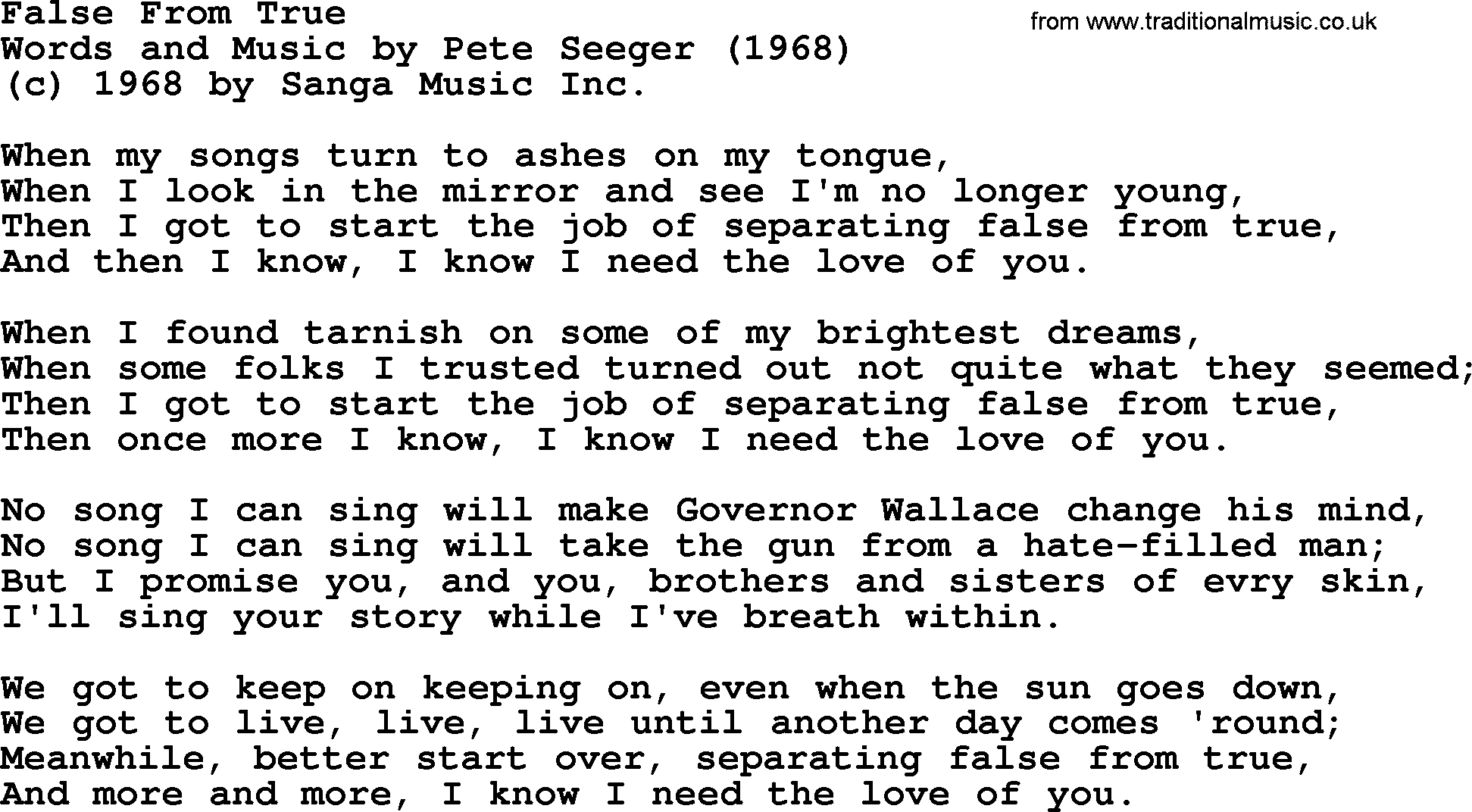 Pete Seeger song False From True-Pete-Seeger.txt lyrics