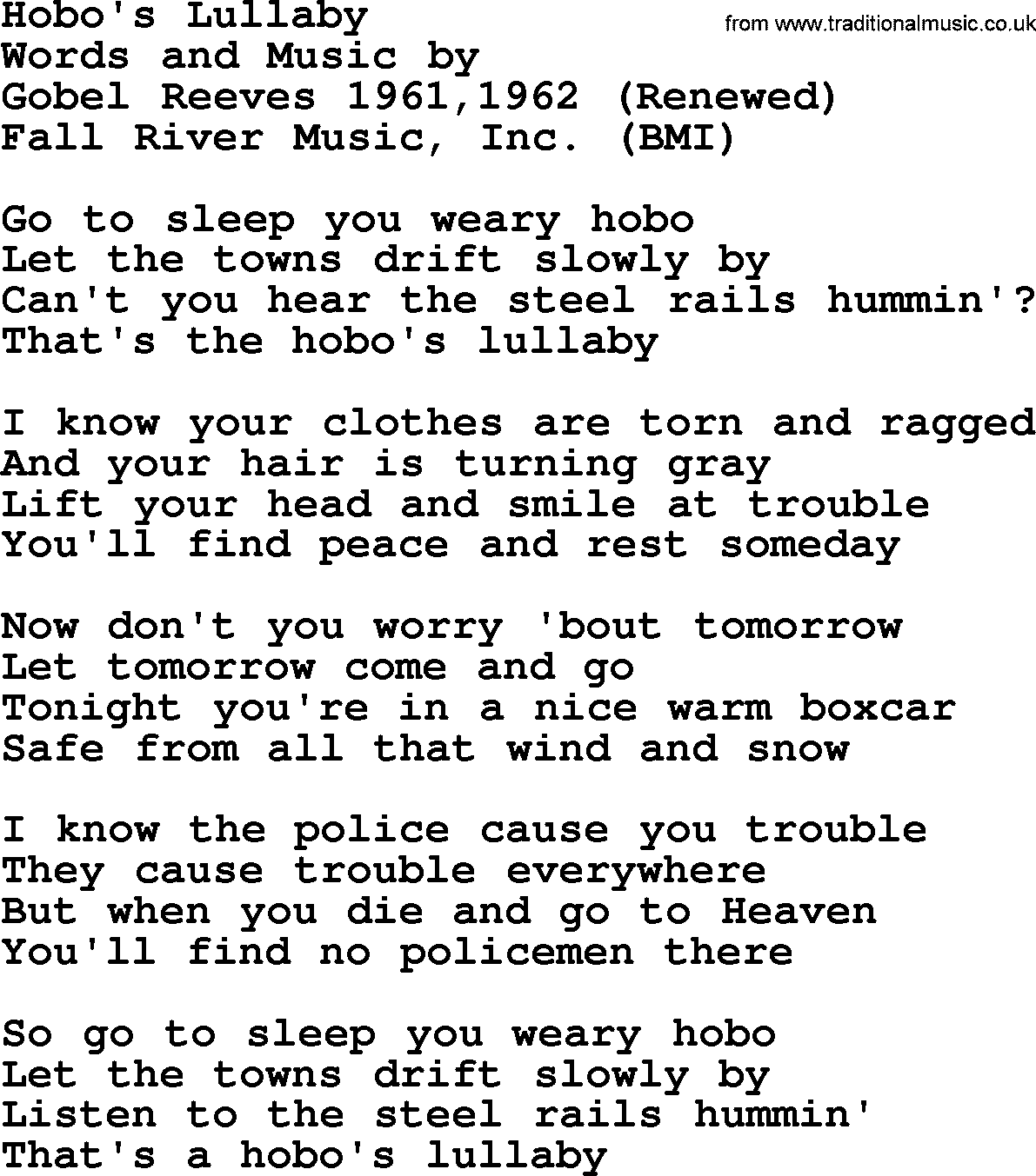 Pete Seeger song Hobo's Lullaby-Pete-Seeger.txt lyrics