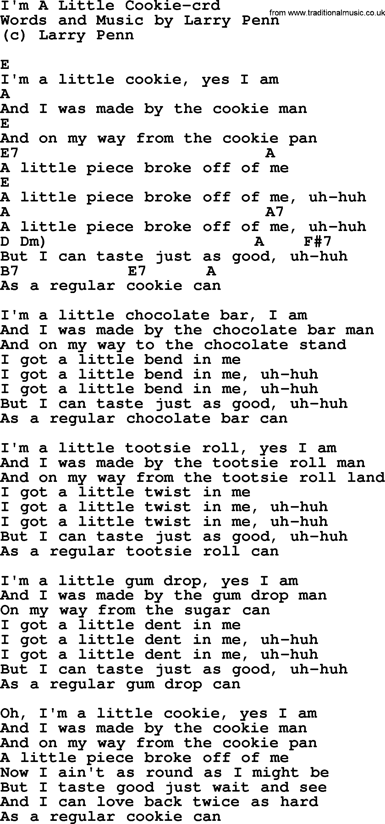 Pete Seeger song I'm A Little Cookie, lyrics and chords