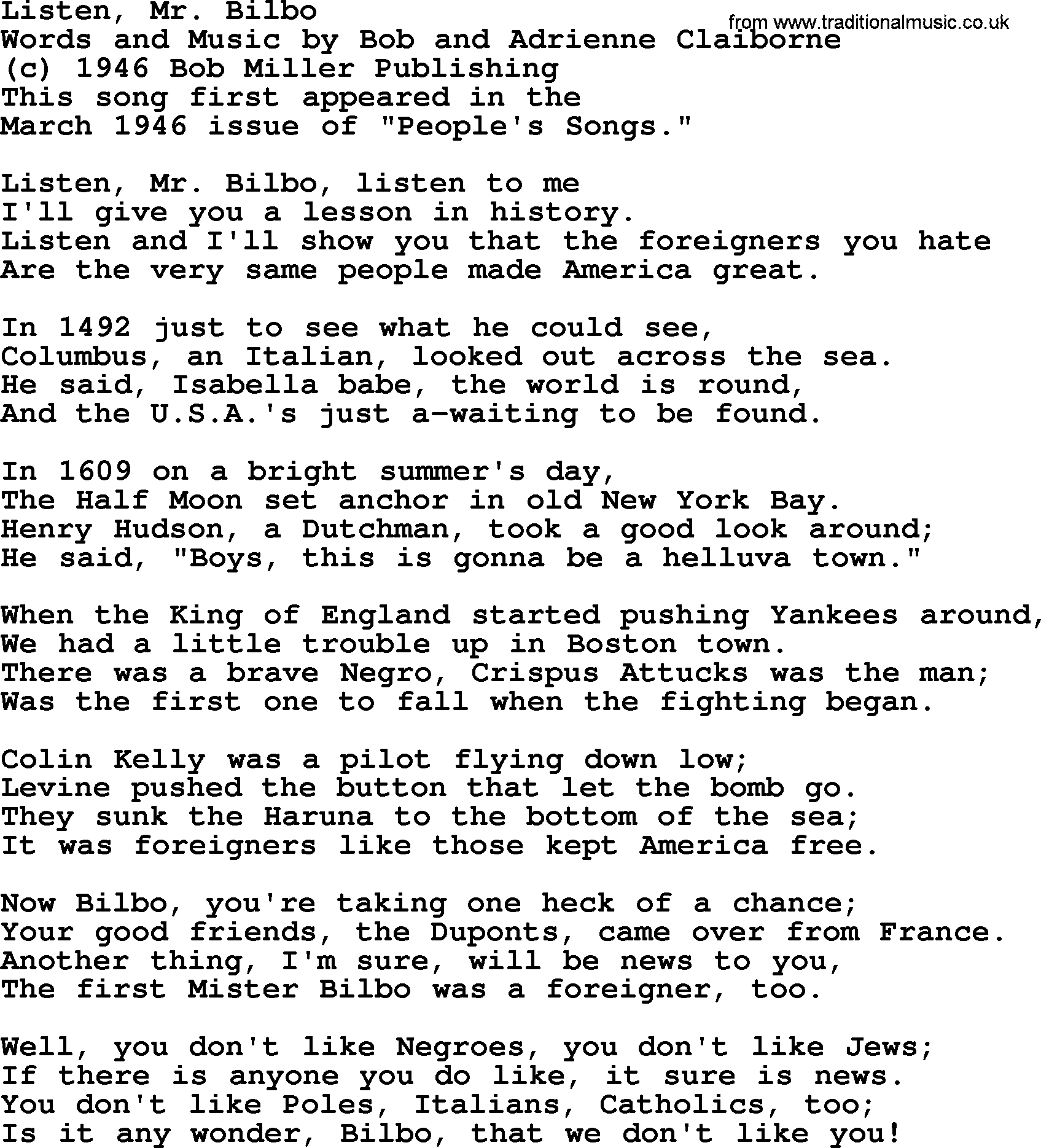 Pete Seeger song Listen, Mr. Bilbo-Pete-Seeger.txt lyrics