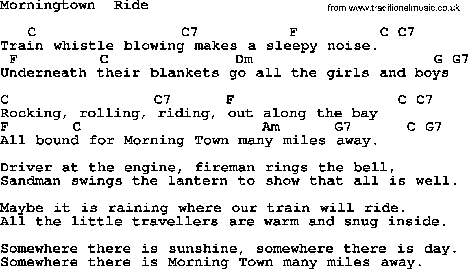 Pete Seeger song Morningtown  Ride, lyrics and chords