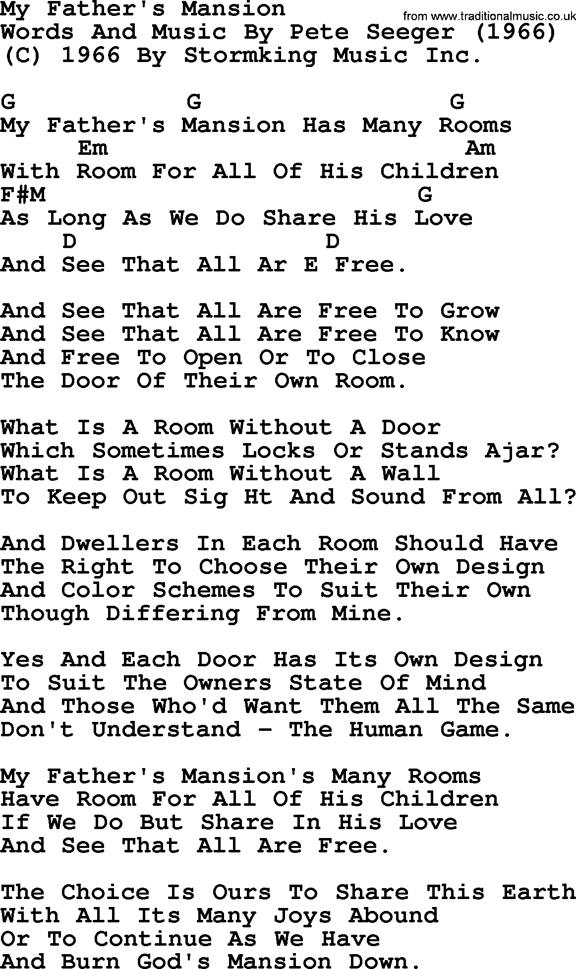 Pete Seeger song My Fathers Mansions, lyrics and chords