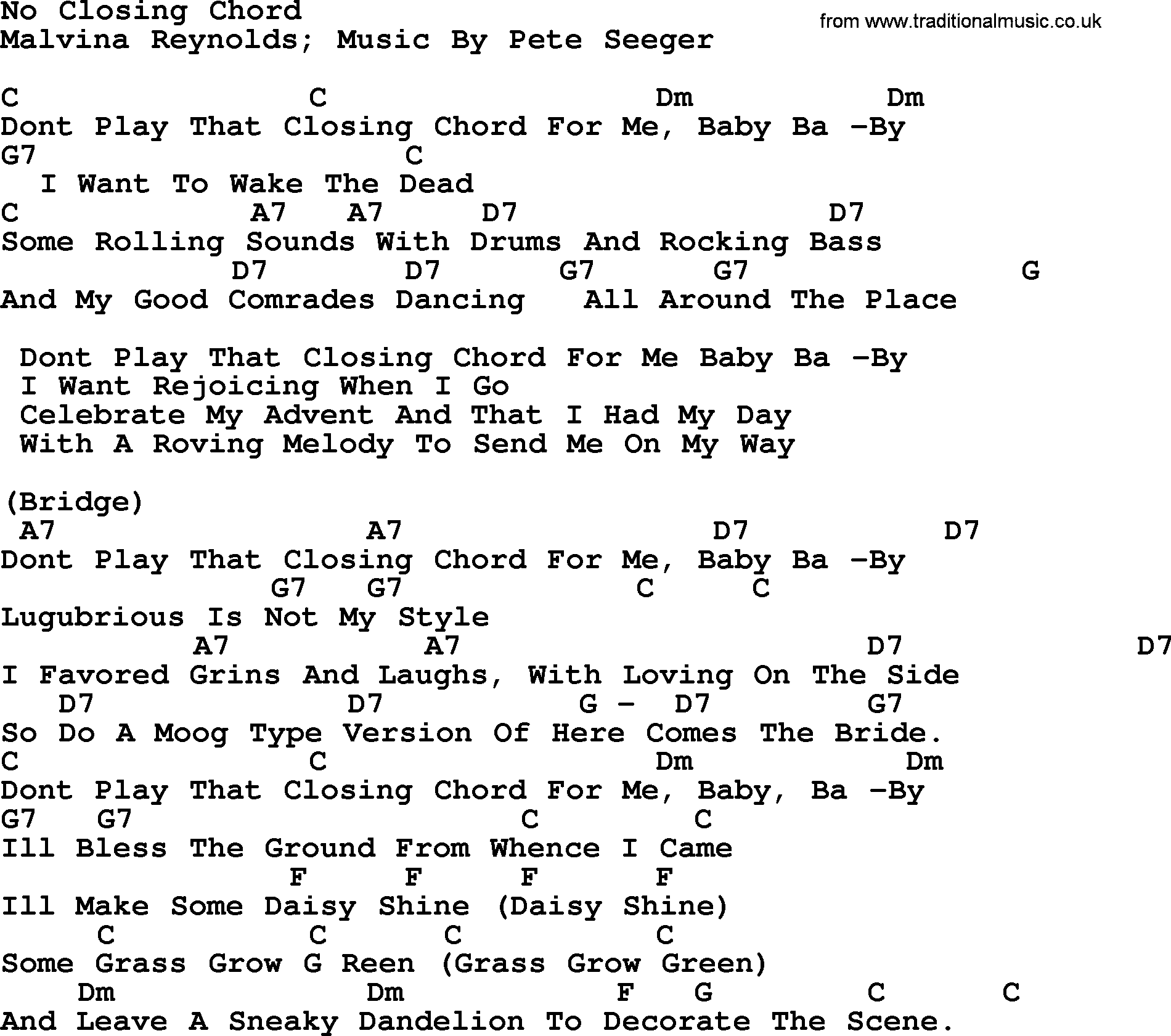 Pete Seeger song No Closing Chord, lyrics and chords