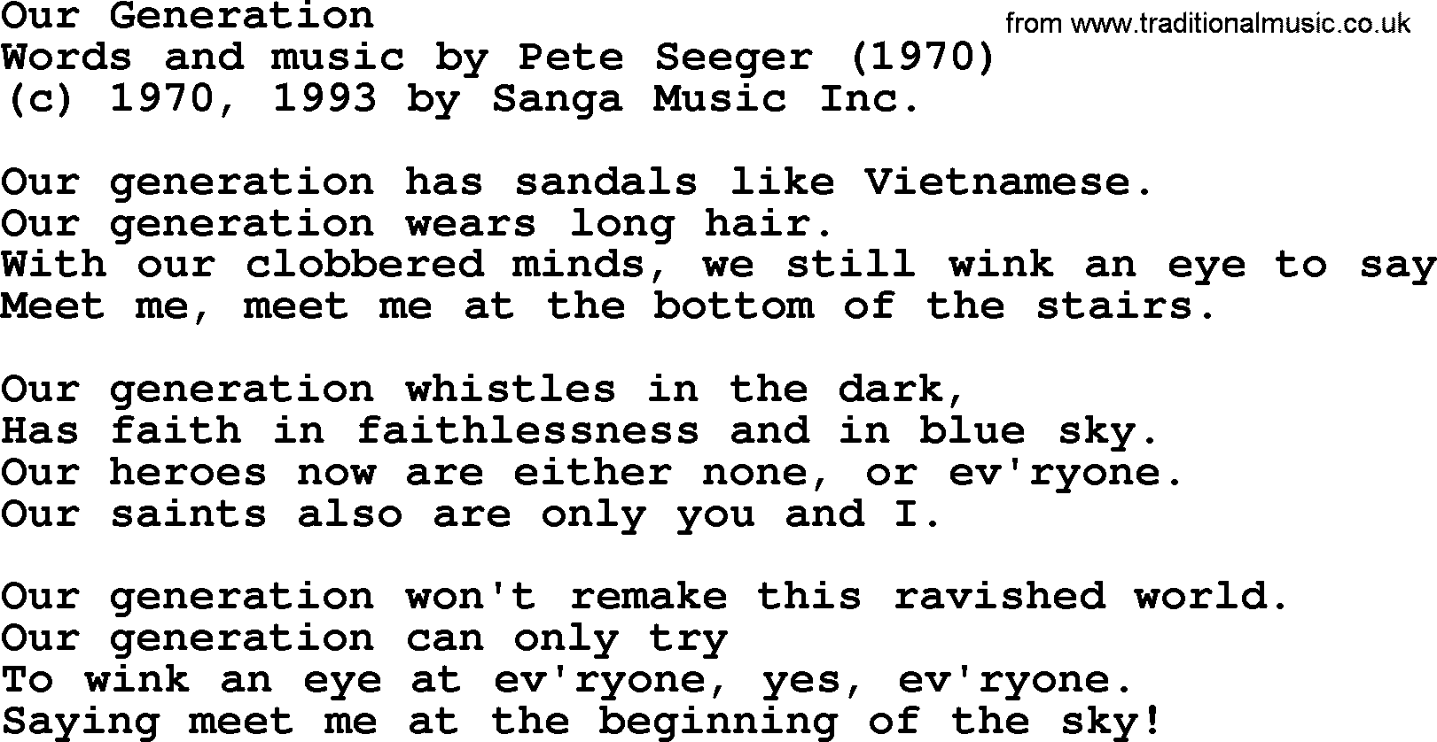 Pete Seeger song Our Generation-Pete-Seeger.txt lyrics