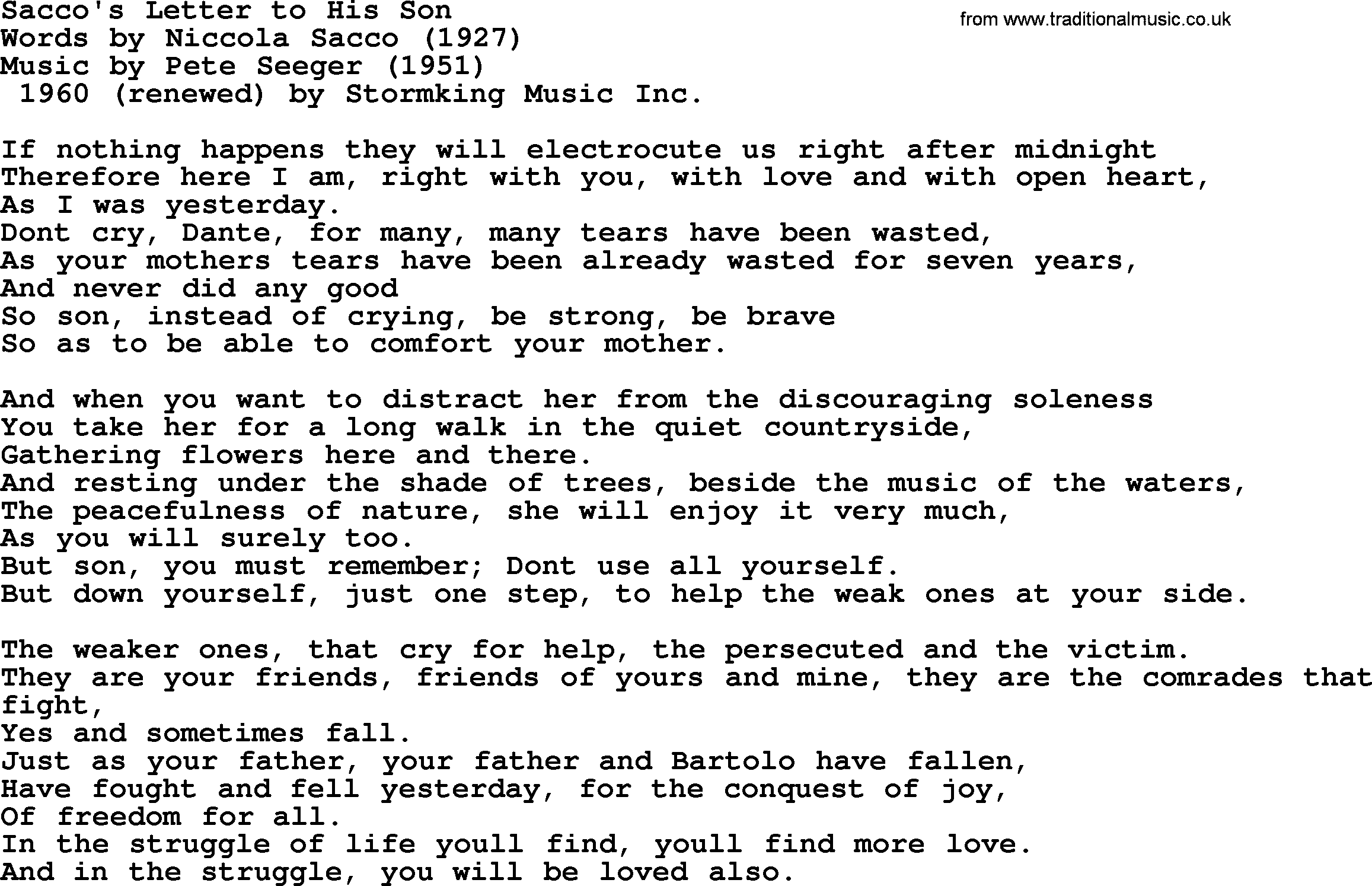 Pete Seeger song Sacco's Letter to His Son-Pete-Seeger.txt lyrics