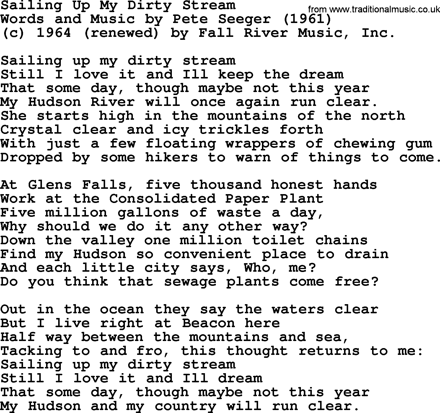 Pete Seeger song Sailing Up My Dirty Stream-Pete-Seeger.txt lyrics