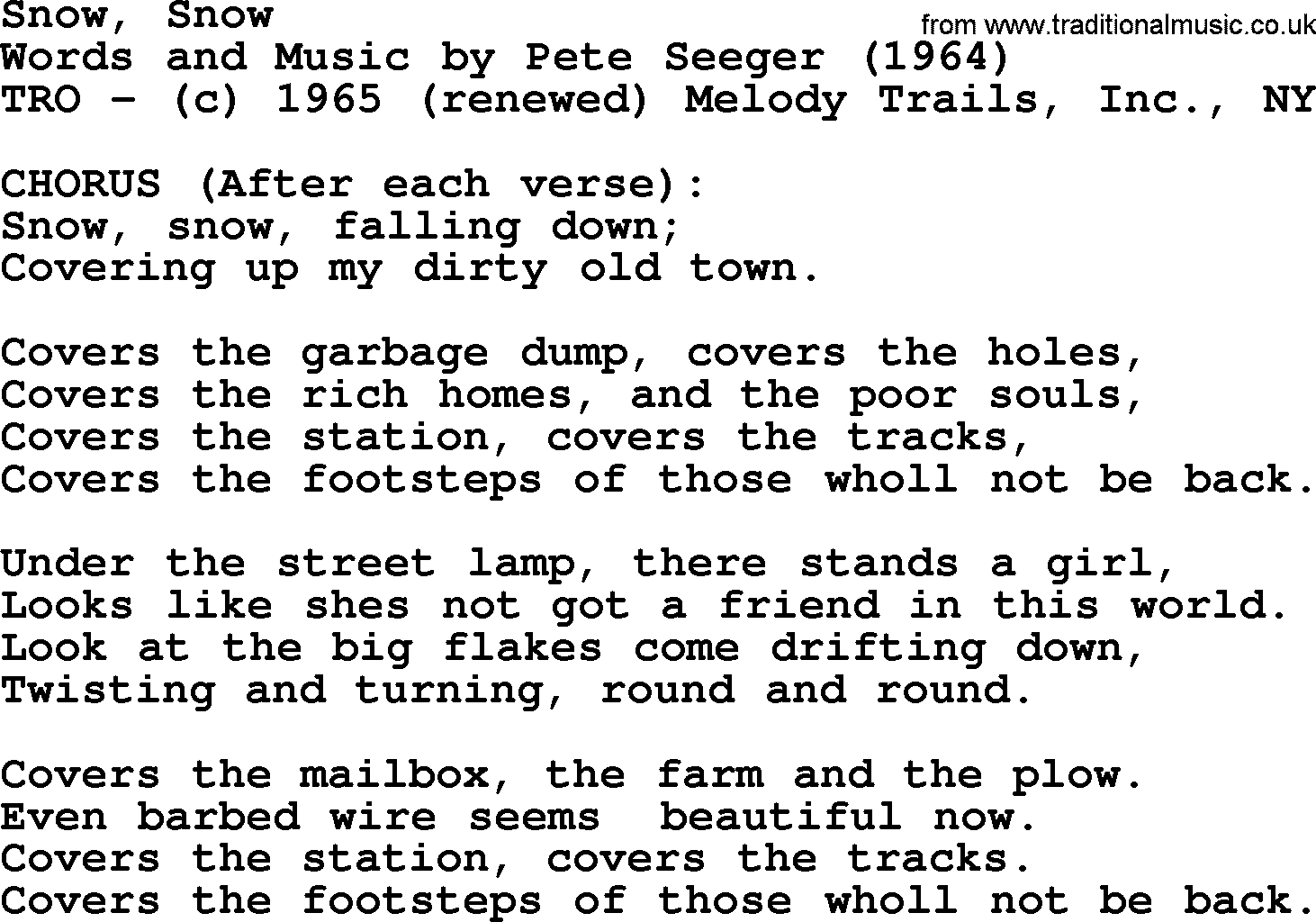 Pete Seeger song Snow, Snow-Pete-Seeger.txt lyrics
