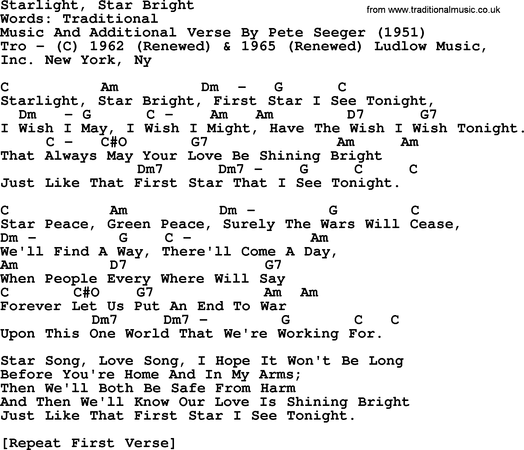 Pete Seeger song Starlight, lyrics and chords