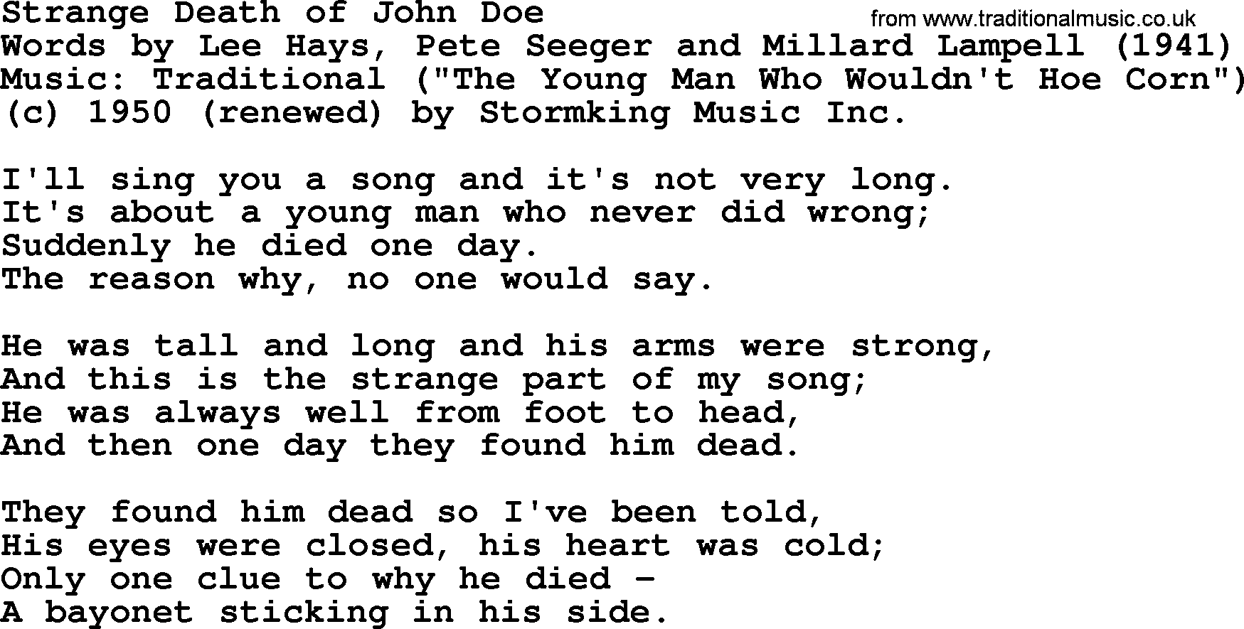 Pete Seeger song Strange Death of John Doe-Pete-Seeger.txt lyrics