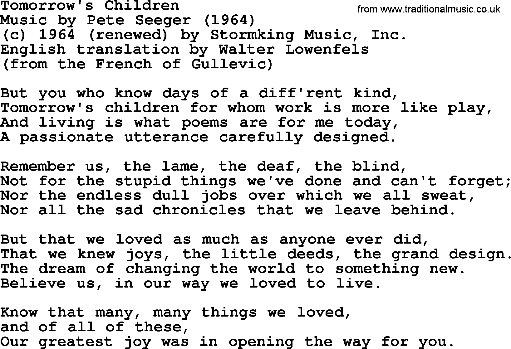Pete Seeger song Tomorrow's Children-Pete-Seeger.txt lyrics