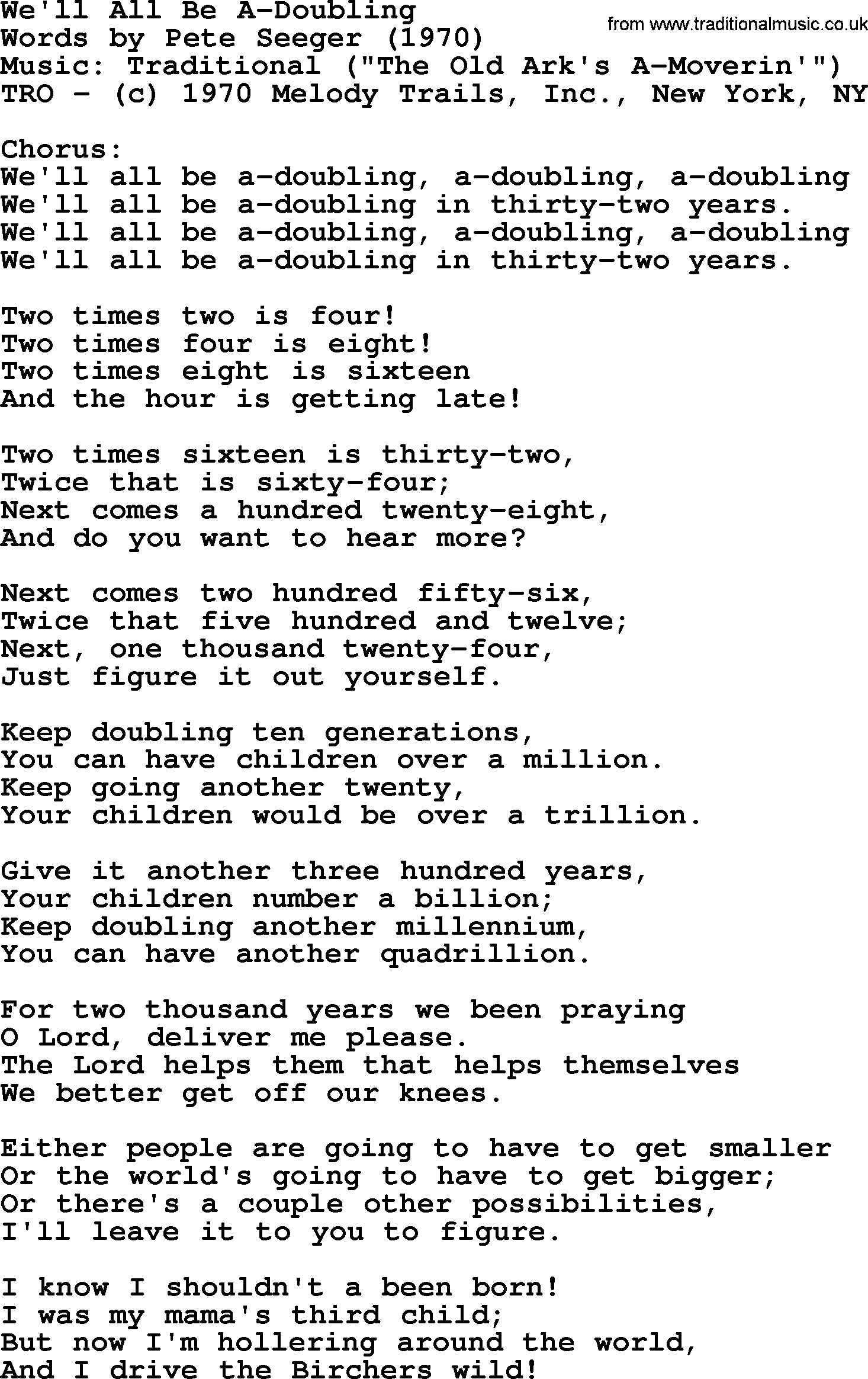 Pete Seeger song We'll All Be A Doubling-Pete-Seeger.txt lyrics