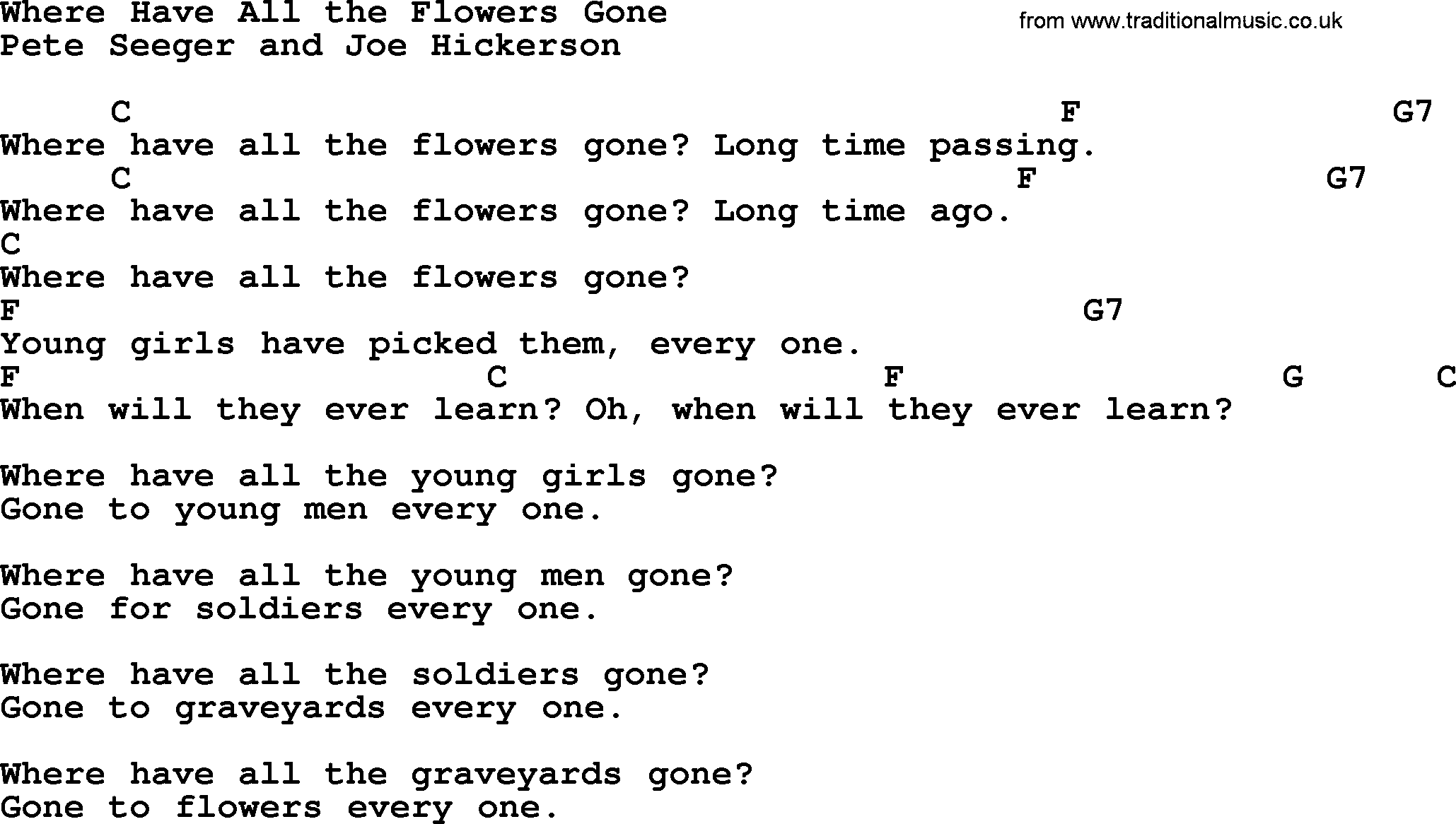 Pete Seeger song Where Have All the Flowers Gone, lyrics and chords